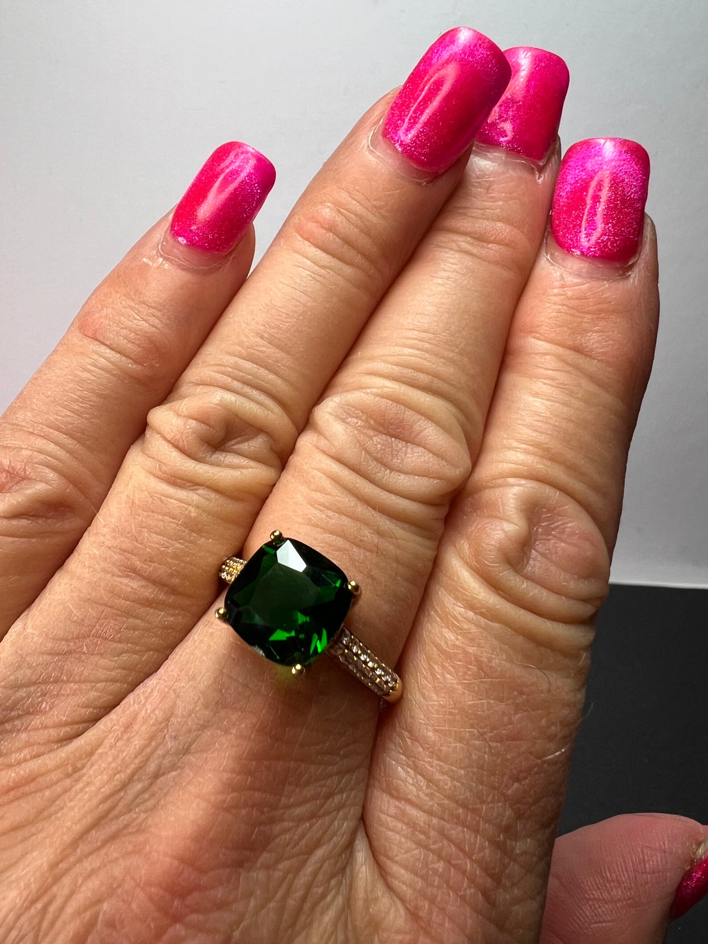 Green cushion cut CZ ring in gold over sterling silver size 9