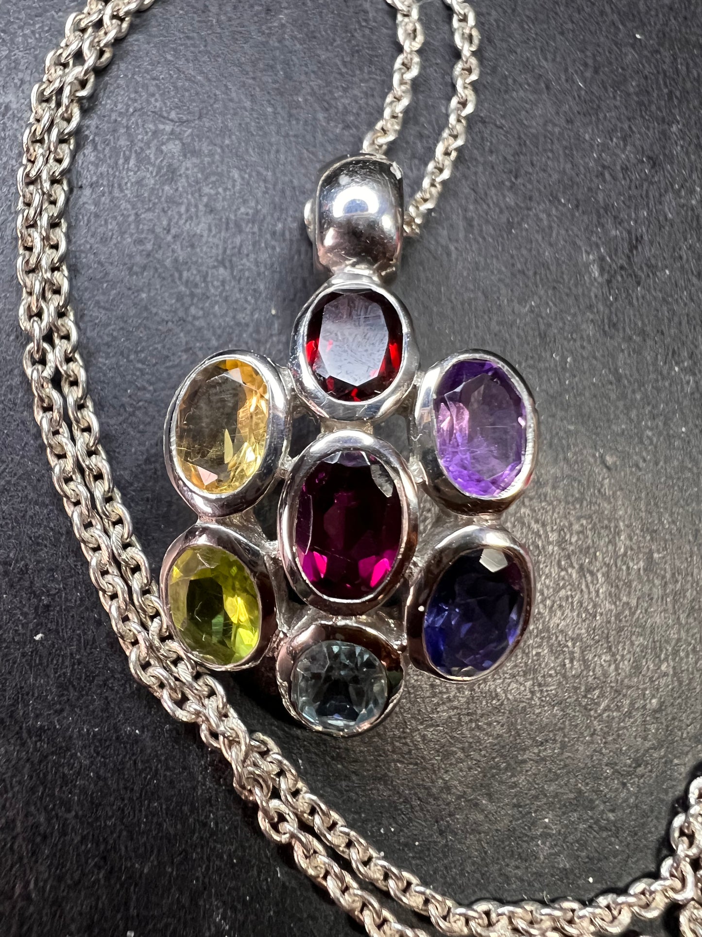Vintage multi gemstone cluster pendant necklace in sterling silver