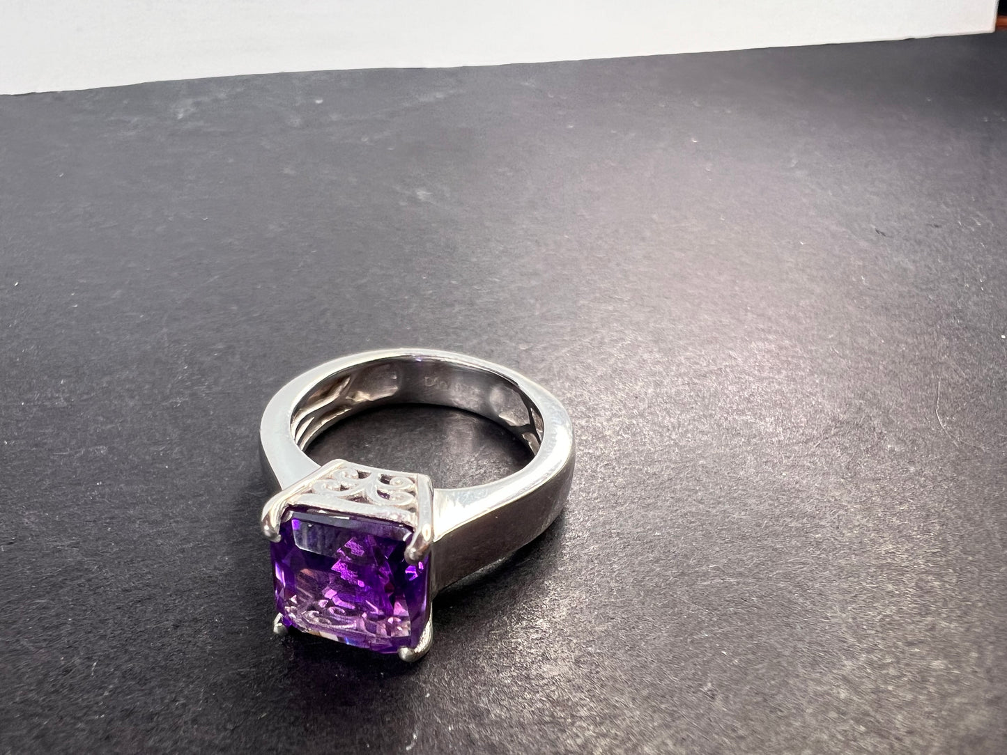 Asscher cut Moroccan amethyst solitaire ring in platinum over sterling silver size 5 *NEW*