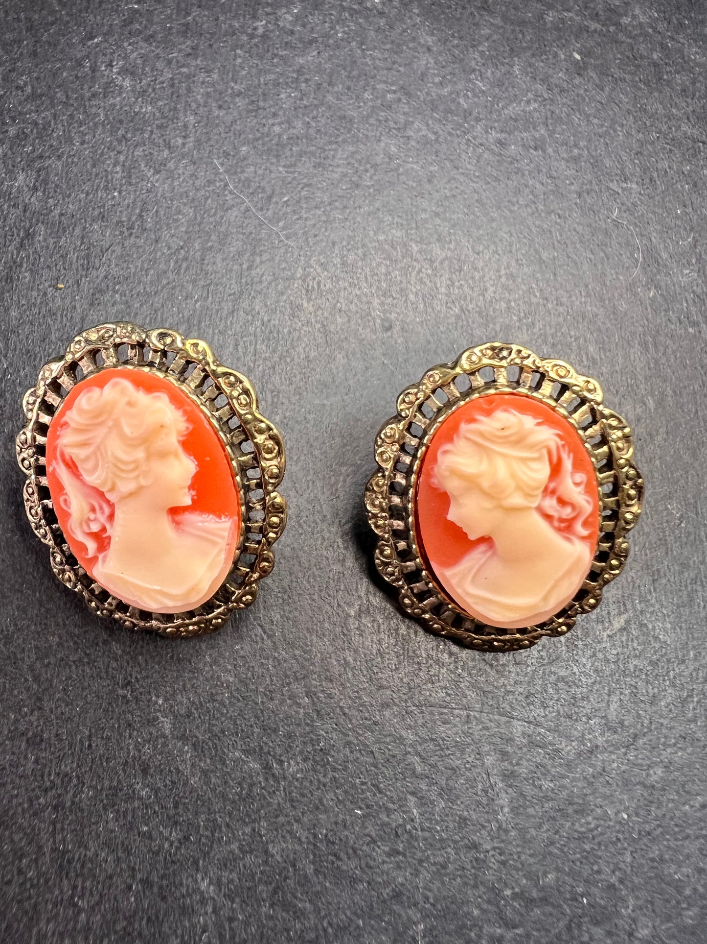 Vintage Carved Shell Cameo Stud Earrings Gold Tone Victorian Revival