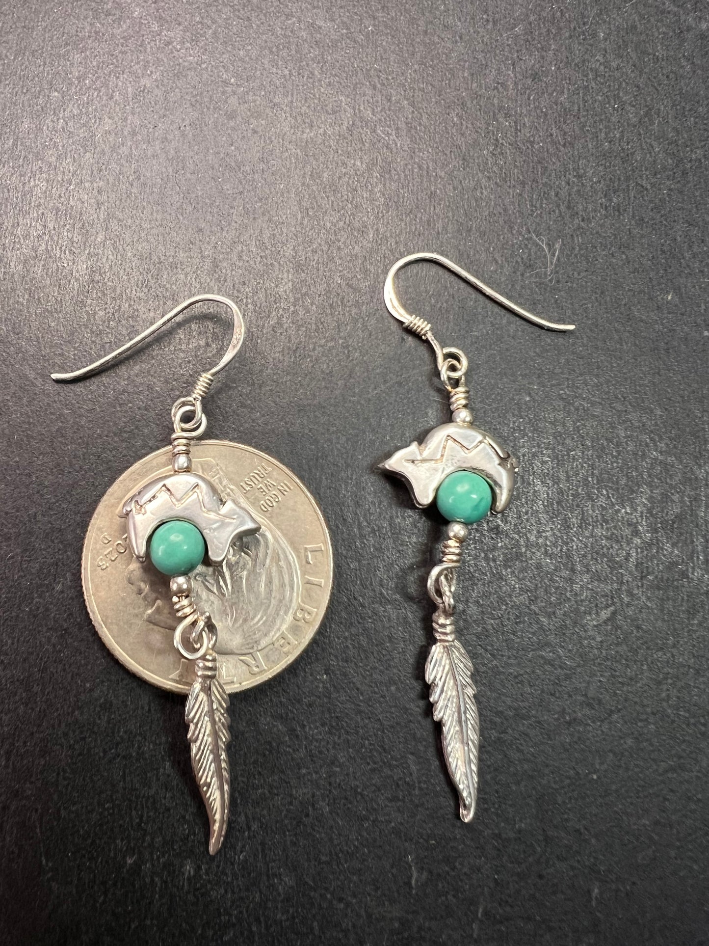 Vintage Sterling Silver Turquoise Earrings – Bear & Feather Motif
