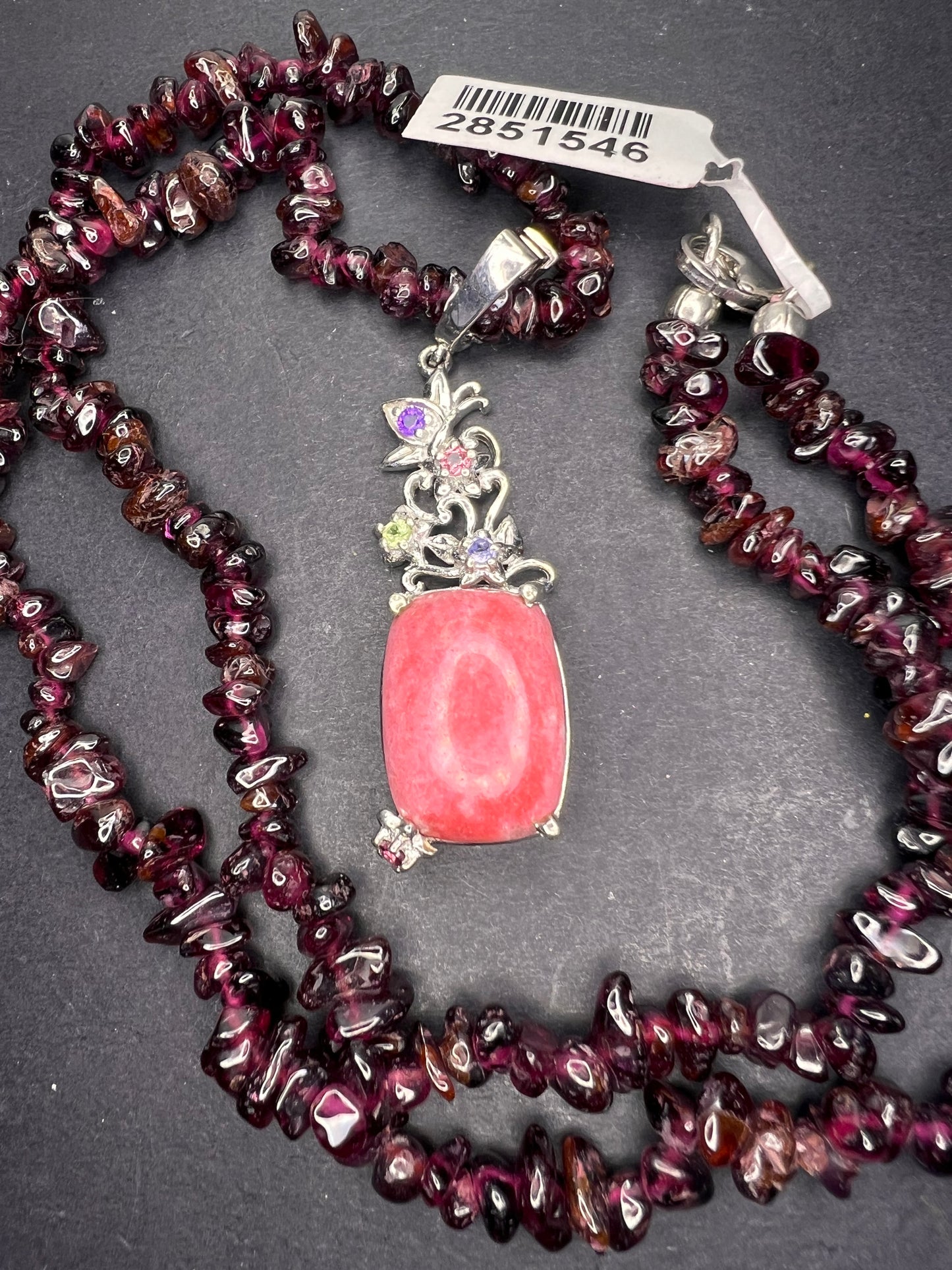 Norwegian Thulite and garnet chip necklace with sterling silver pendant and clasp