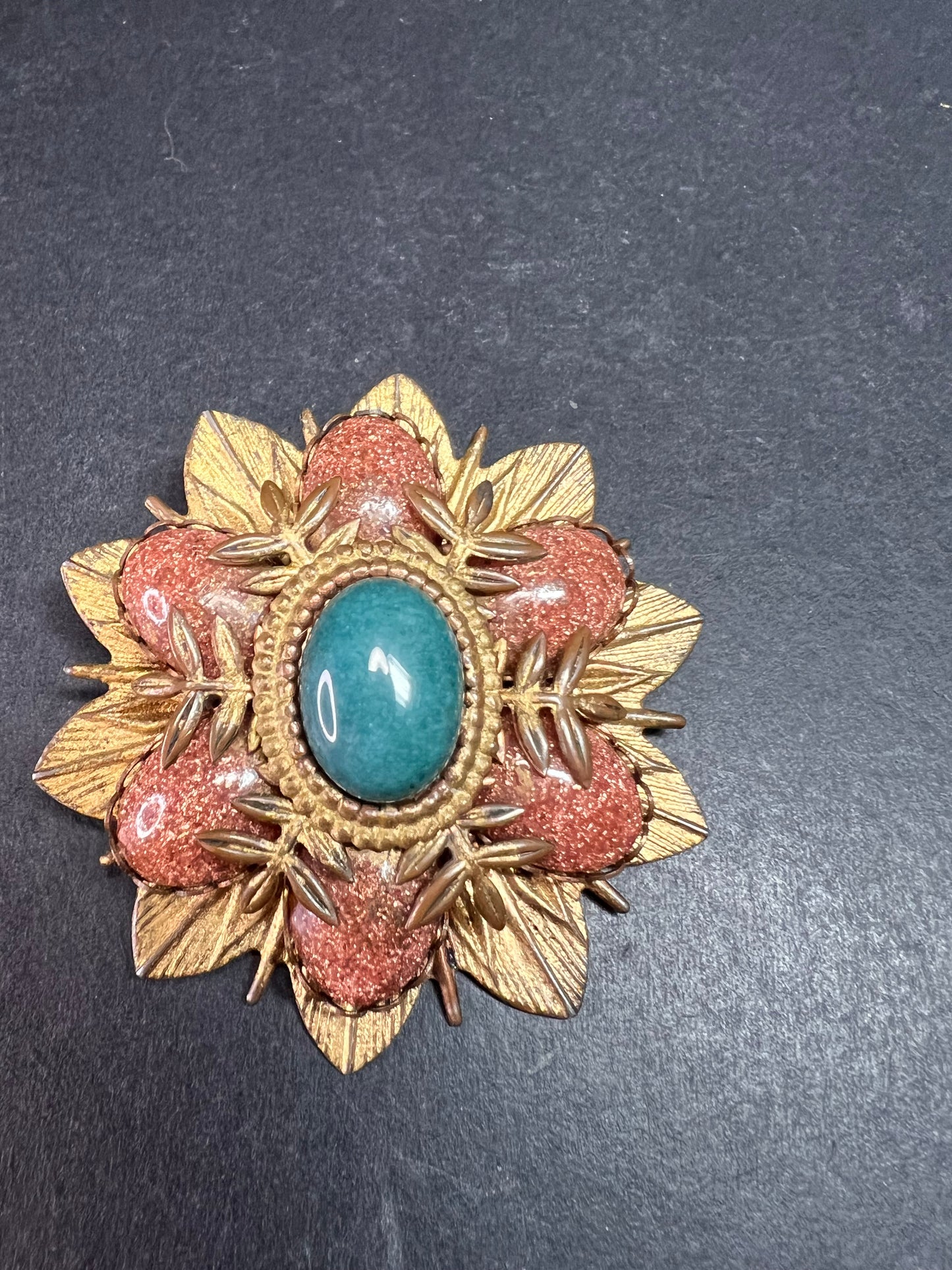 Vintage DeNicola Style Floral Brooch Gold Tone Faux Turquoise Glitter Cab
