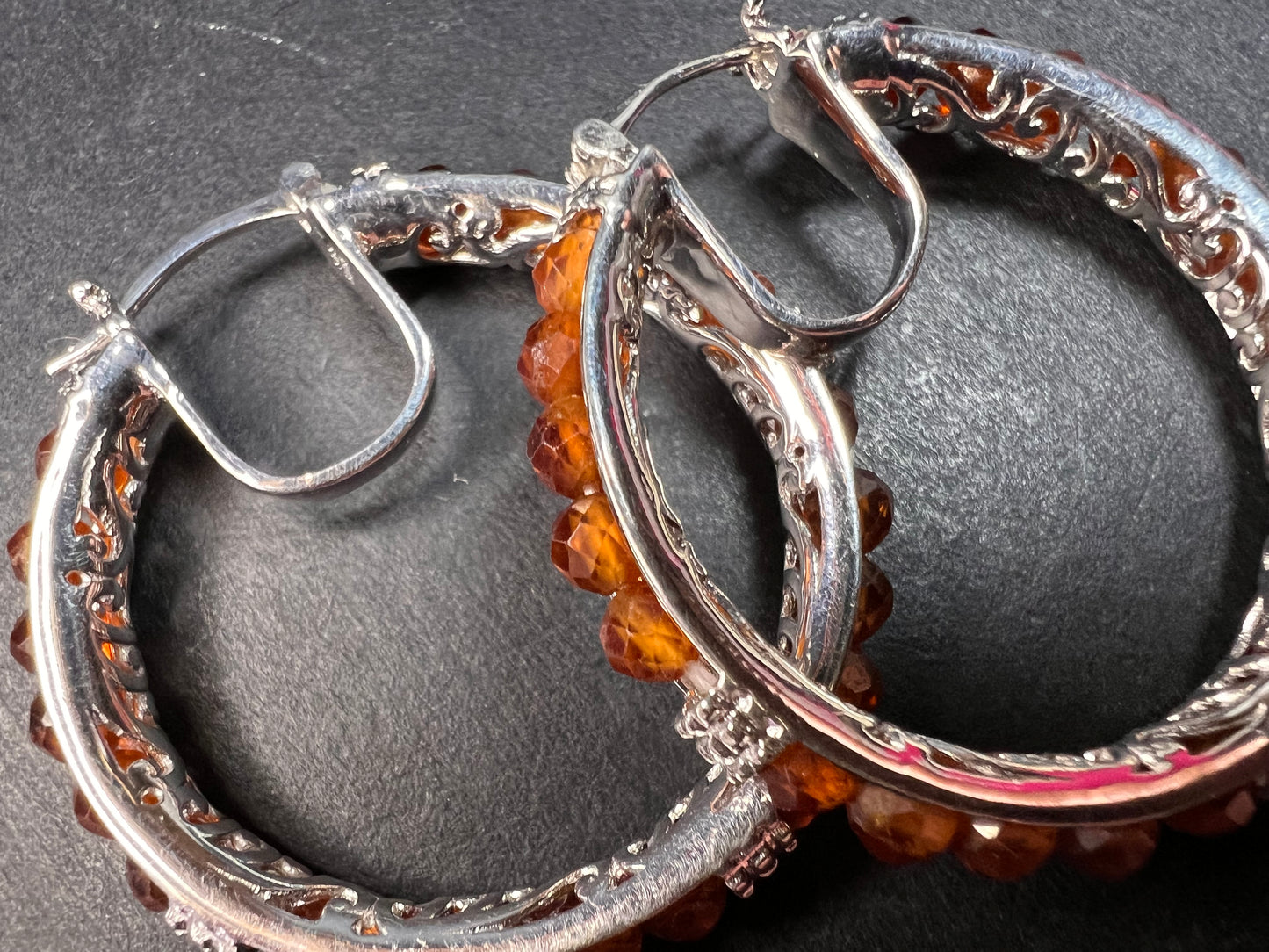 NEW Hessonite garnet hoop earrings in platinum over brass