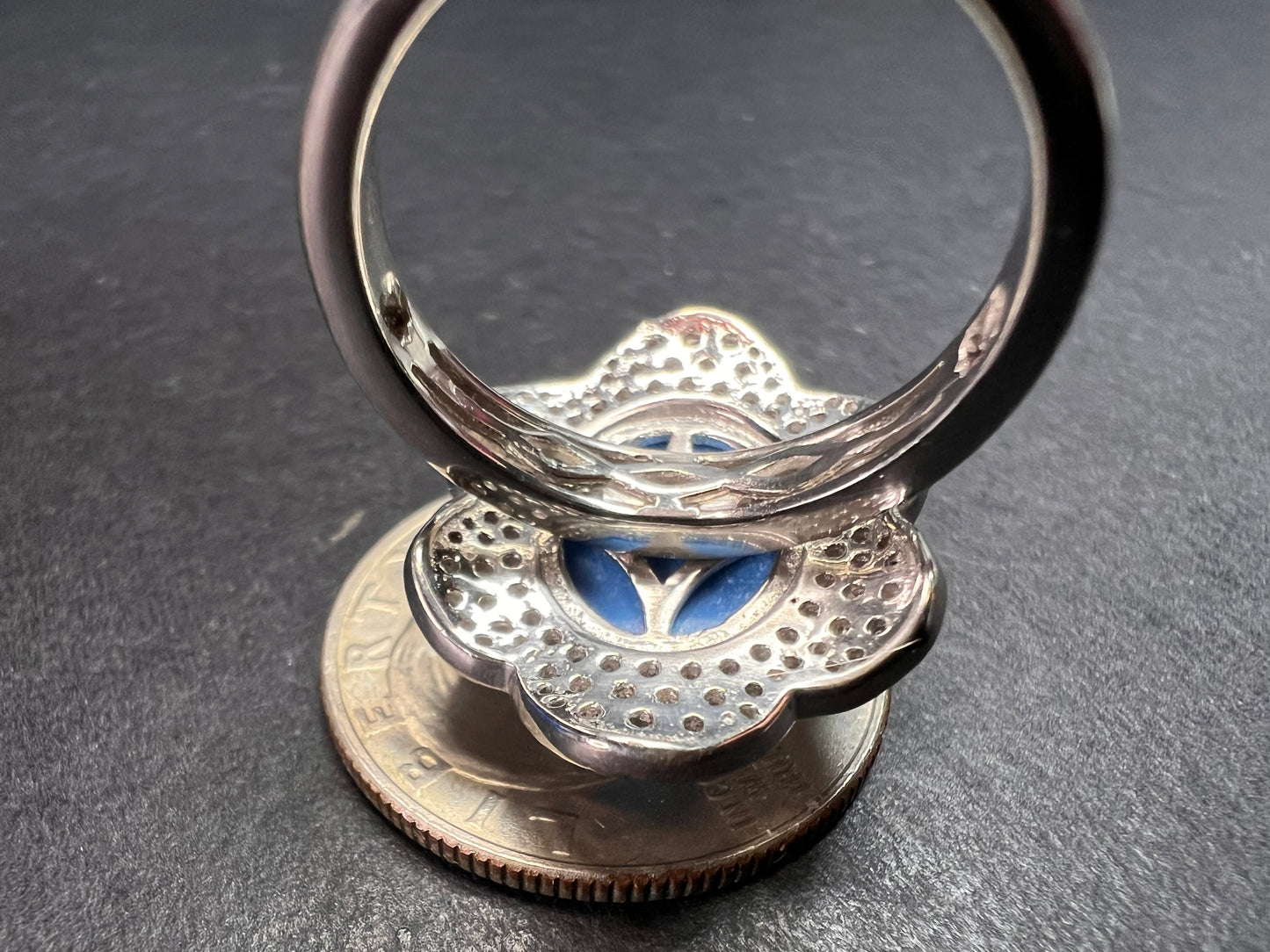 NEW Ceruleite and zircon blossom ring in rhodium over sterling silver size 8