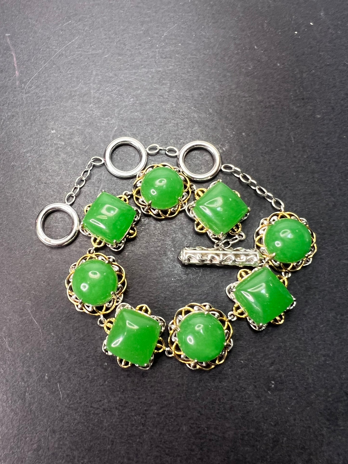 Green Jade two toned sterling silver toggle bracelet