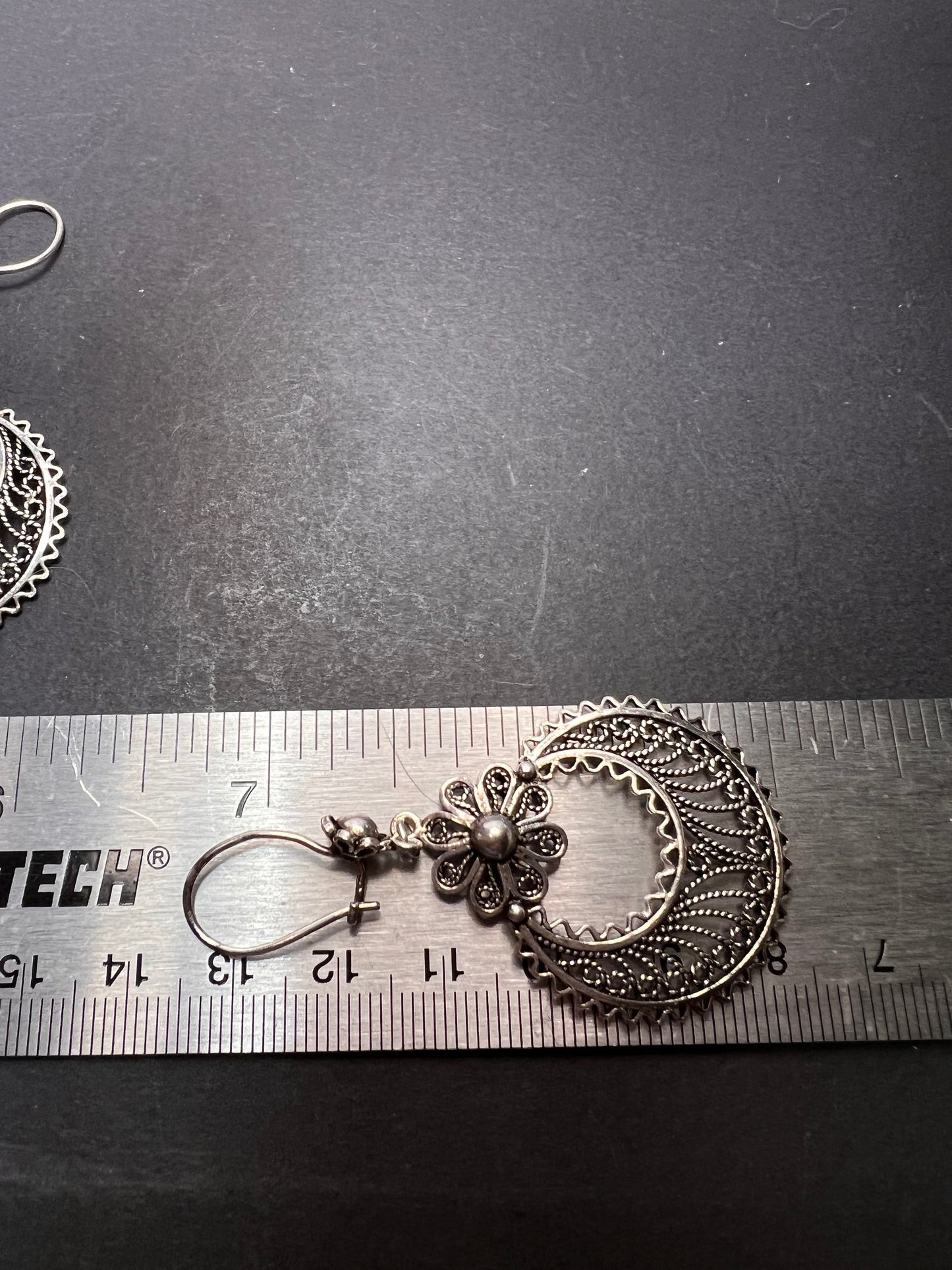 Turkish sterling filigree disc dangle drop hook earrings 9.58 grams.