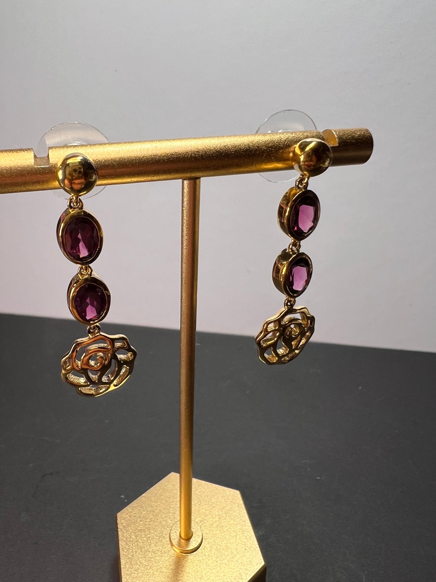 Grape rhodolite garnet dangle earrings in gold over sterling silver