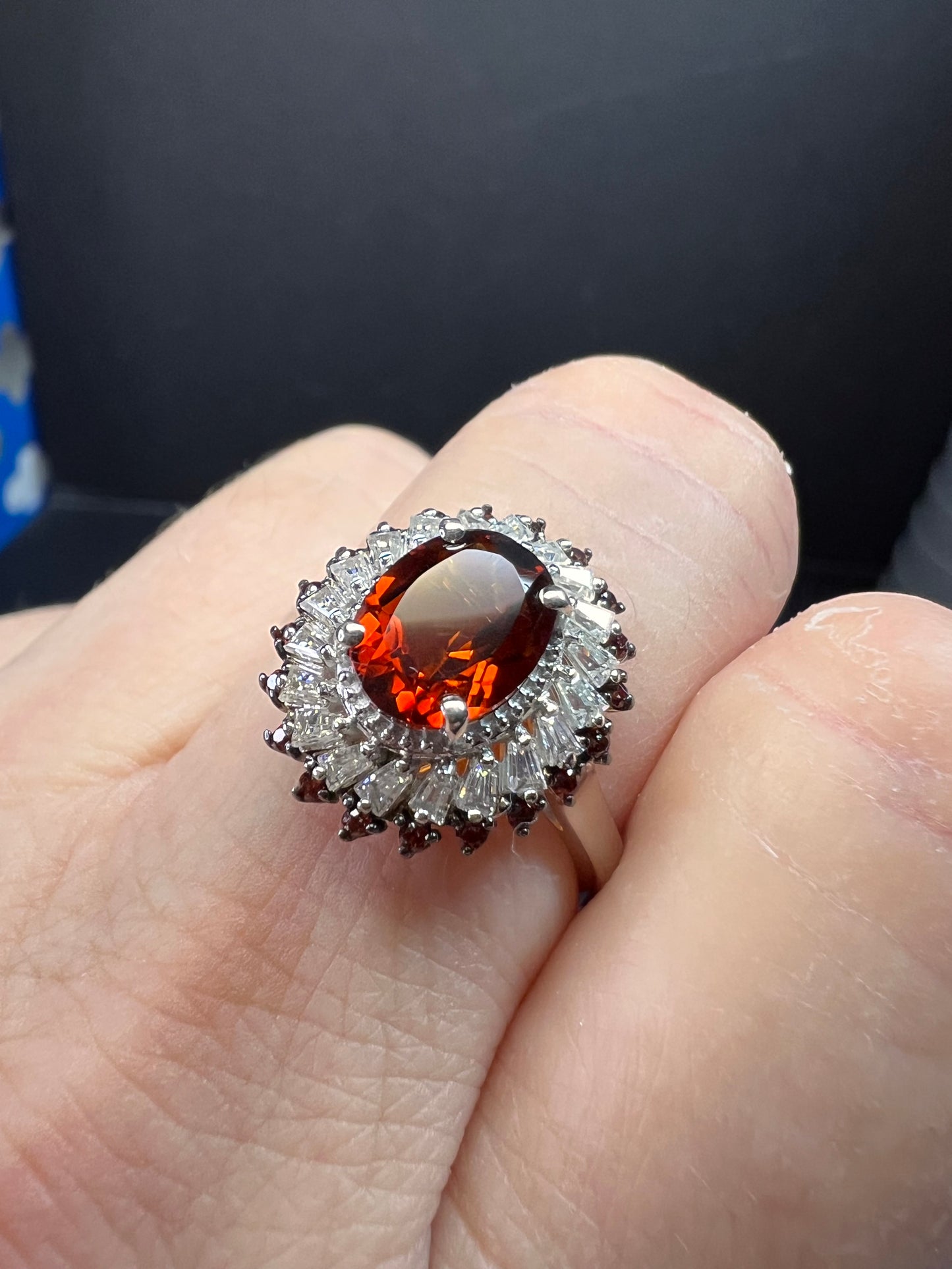 NEW Cherry citrine and Moissanite halo ring in platinum over sterling silver size 8
