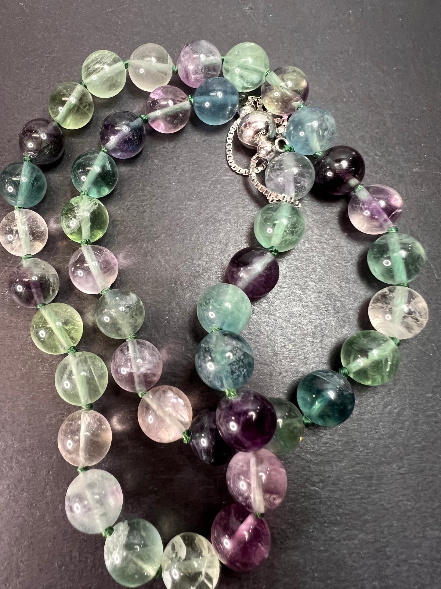 Fluorite knotted beaded bolo necklace with sterling silver magnetic clasp