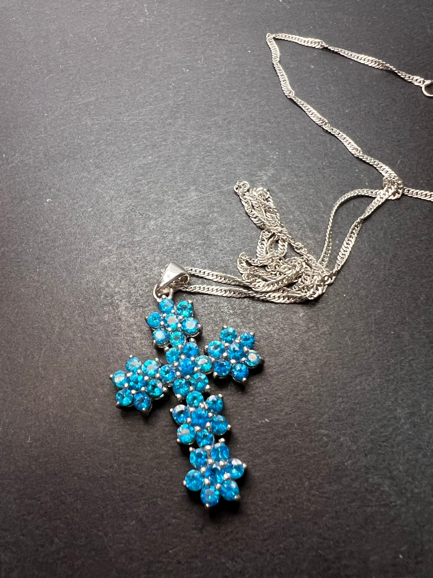 Blue Apatite Rhodium Over Sterling Silver Cross Pendant With Chain 3.25ctw