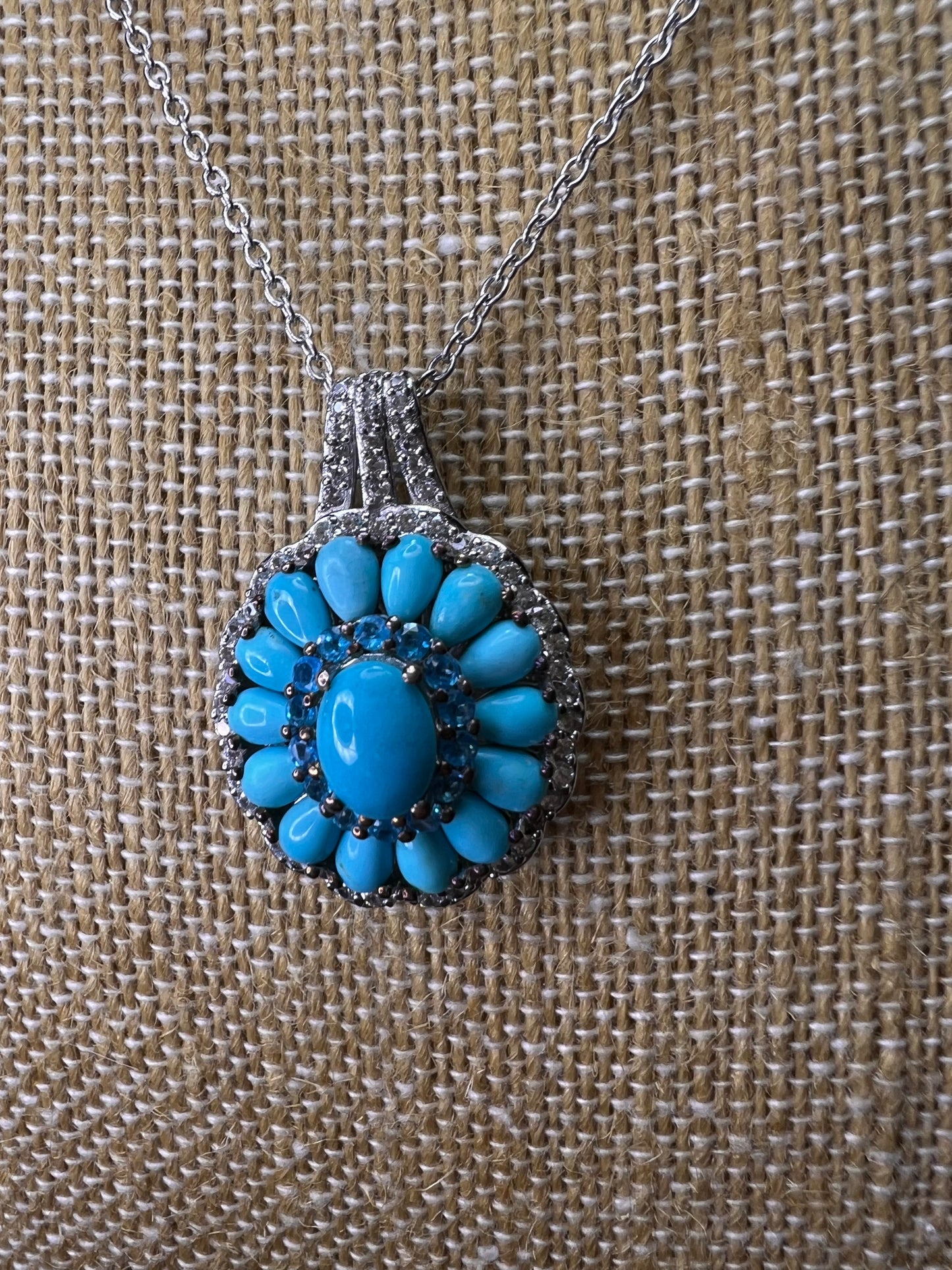 Turquoise and neon blue apatite halo sterling silver necklace with chain