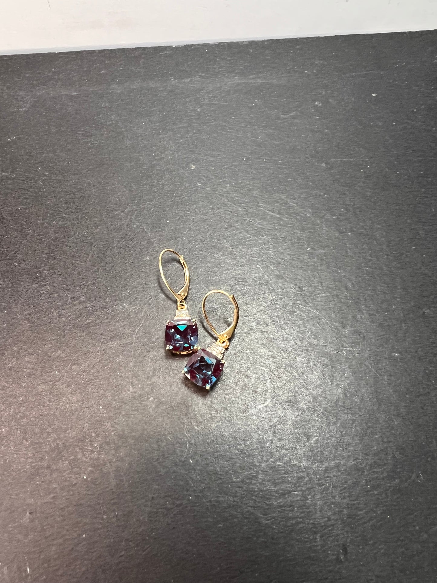 10k gold Lab alexandrite and diamond lever back earrings