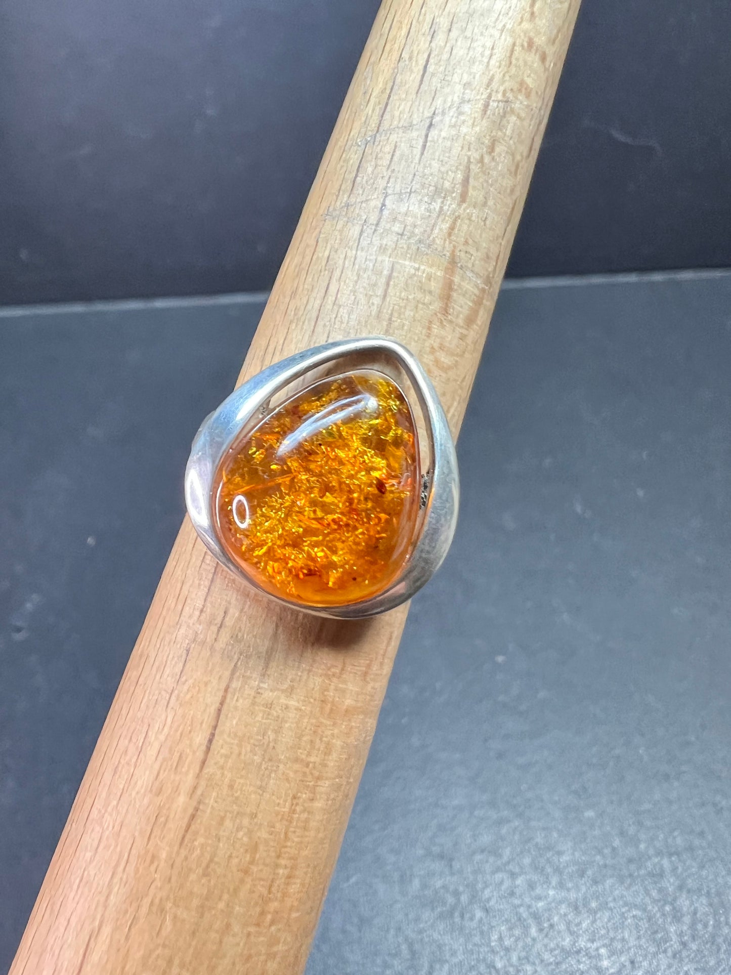 Sterling Silver Baltic Amber Ring Size 8 Teardrop Cabochon