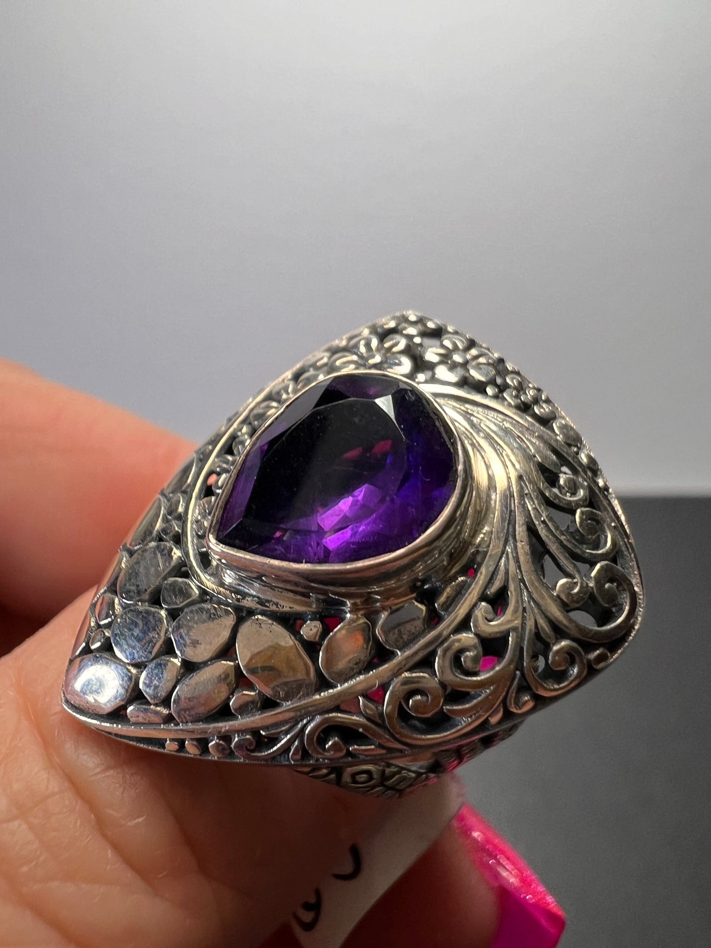 African amethyst planchette teardrop style sterling silver floral ring size 9