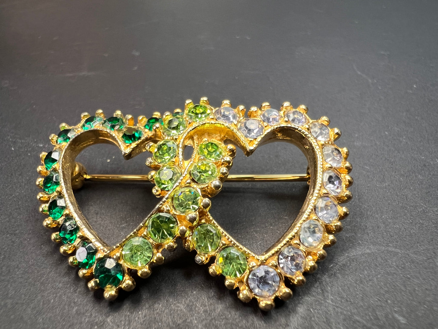 Vintage Gold Tone Double Heart Green Clear Rhinestone Brooch