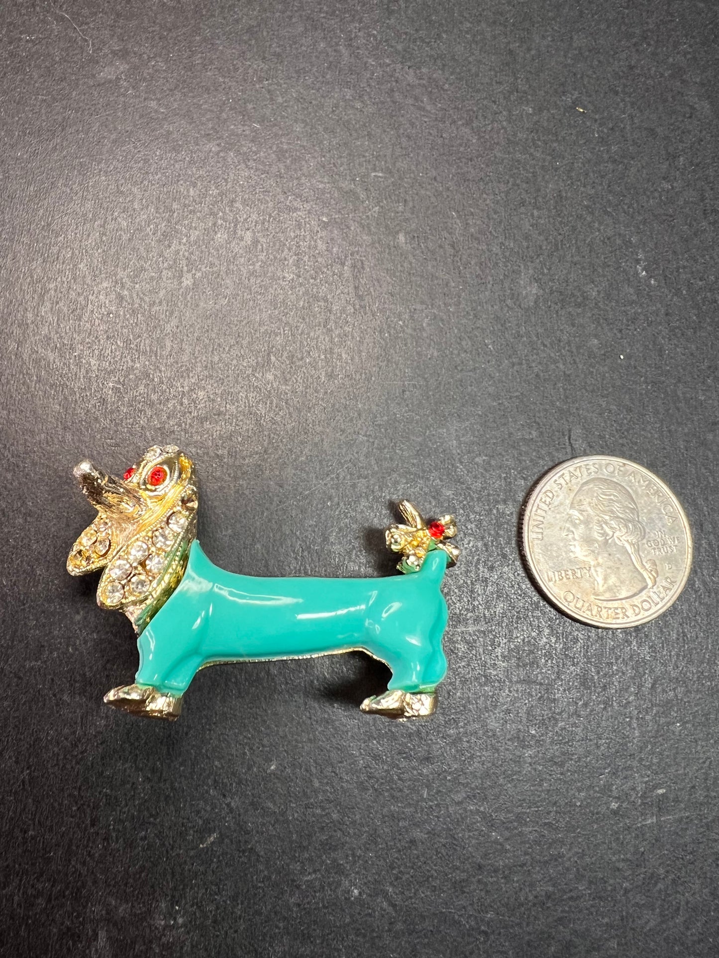Vintage Gold Tone Dachshund Brooch Turquoise Lucite Rhinestones