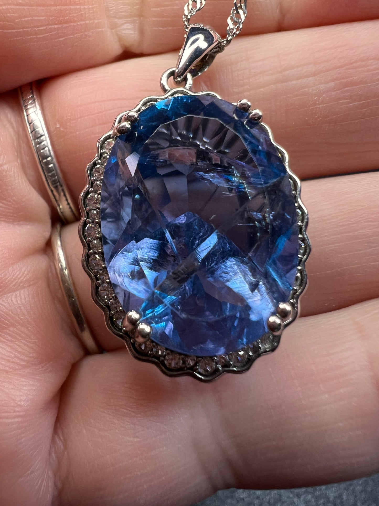 Blue Color-Change Fluorite Pendant in Rhodium Over Sterling Silver with Chain