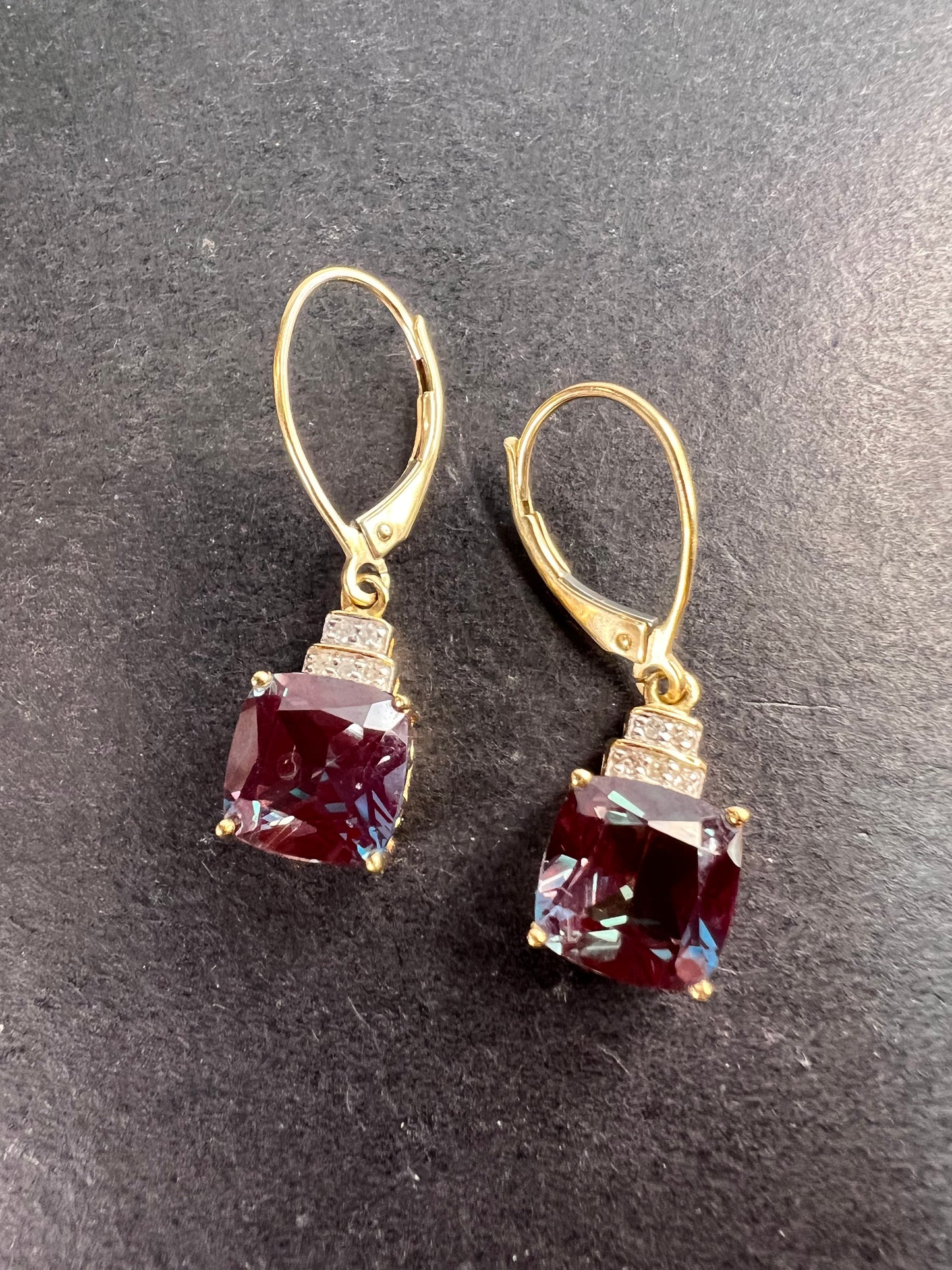 10k gold Lab alexandrite and diamond lever back earrings