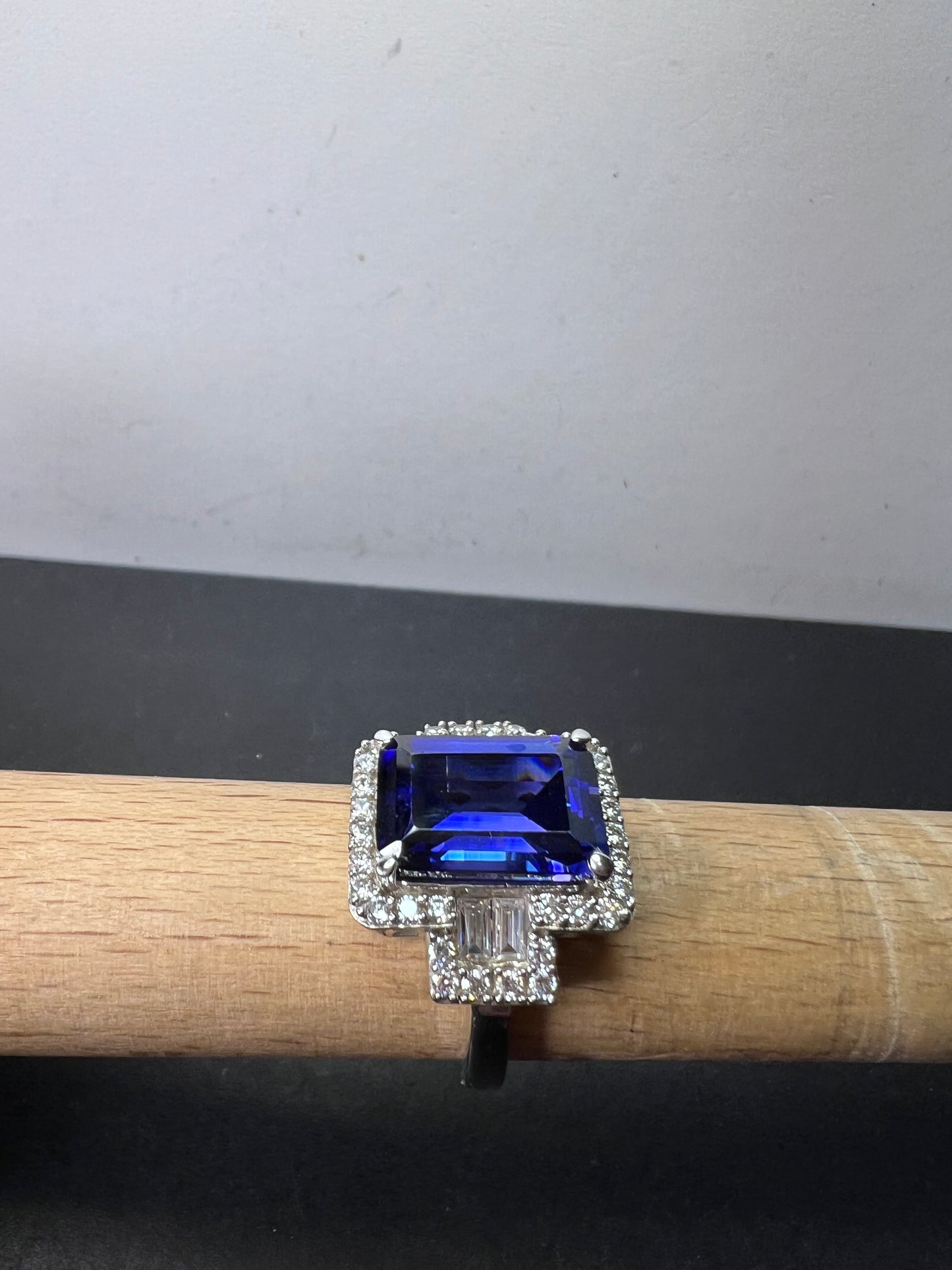 Blue and White Cubic Zirconia Rhodium Over Silver halo Ring 13.34ctw size 9