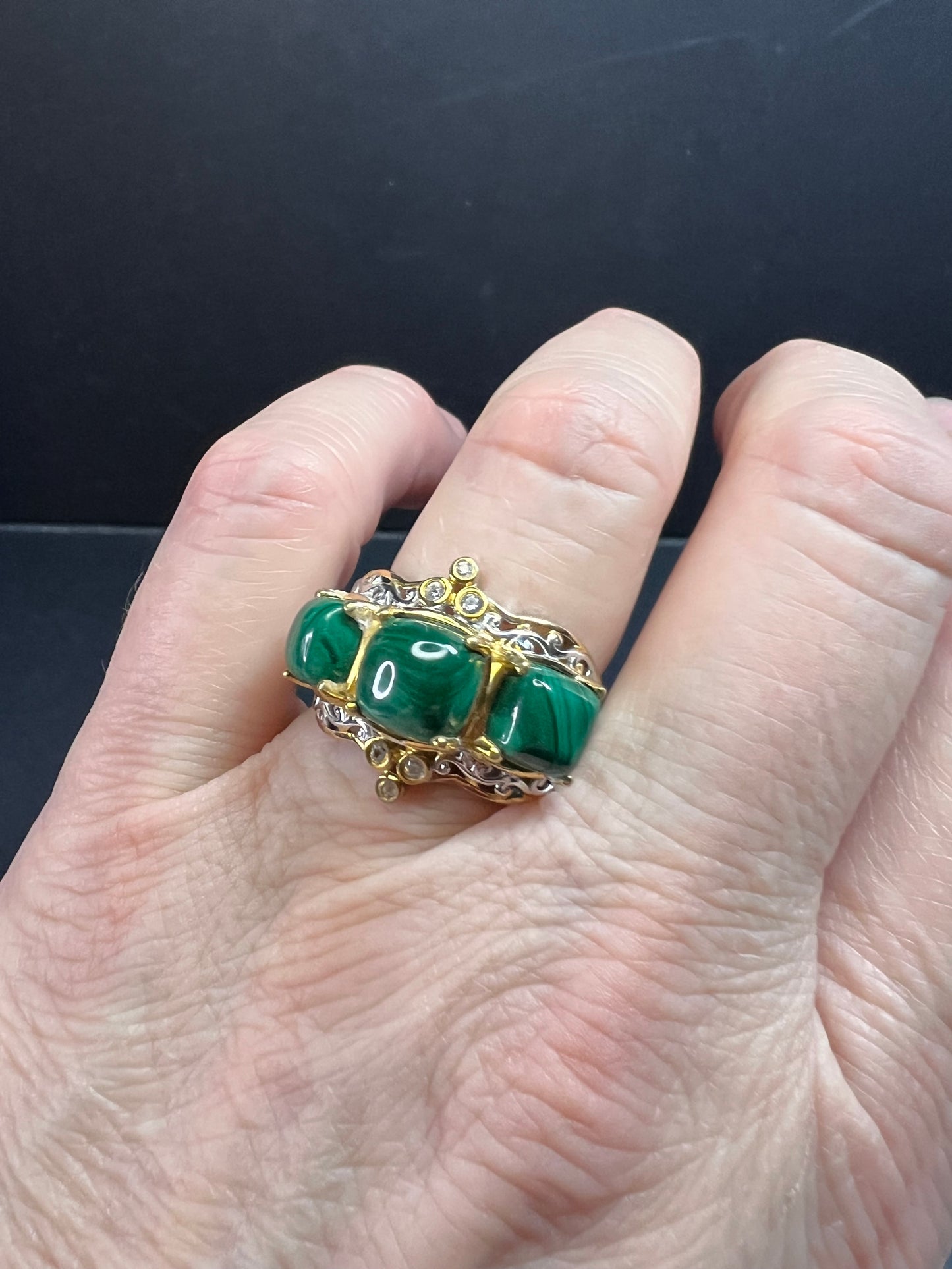 NEW Malachite and zircon two toned ring in vermeil and rhodium over sterling silver size 7
