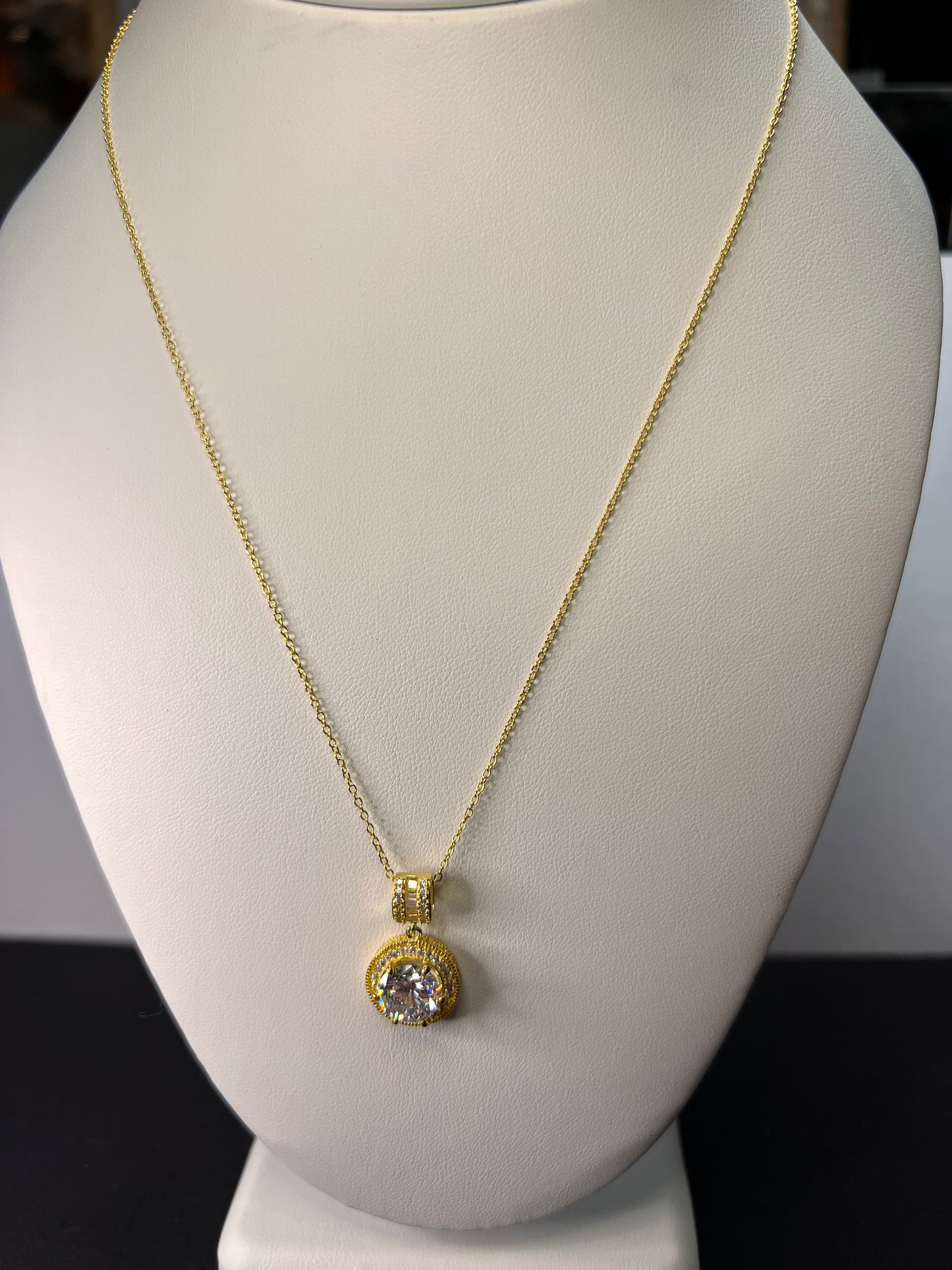 Signed FZN gold over Sterling CZ halo pendant and chain necklace