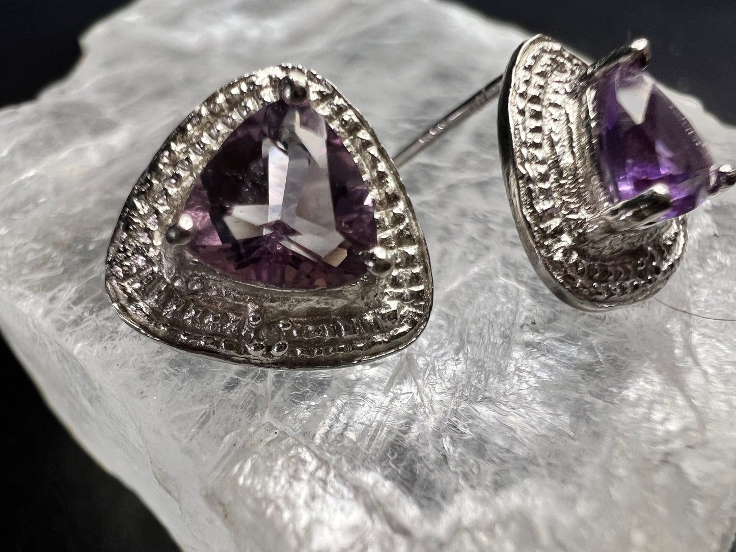 New Sterling Silver Trillion Amethyst Studs w Diamond Accents