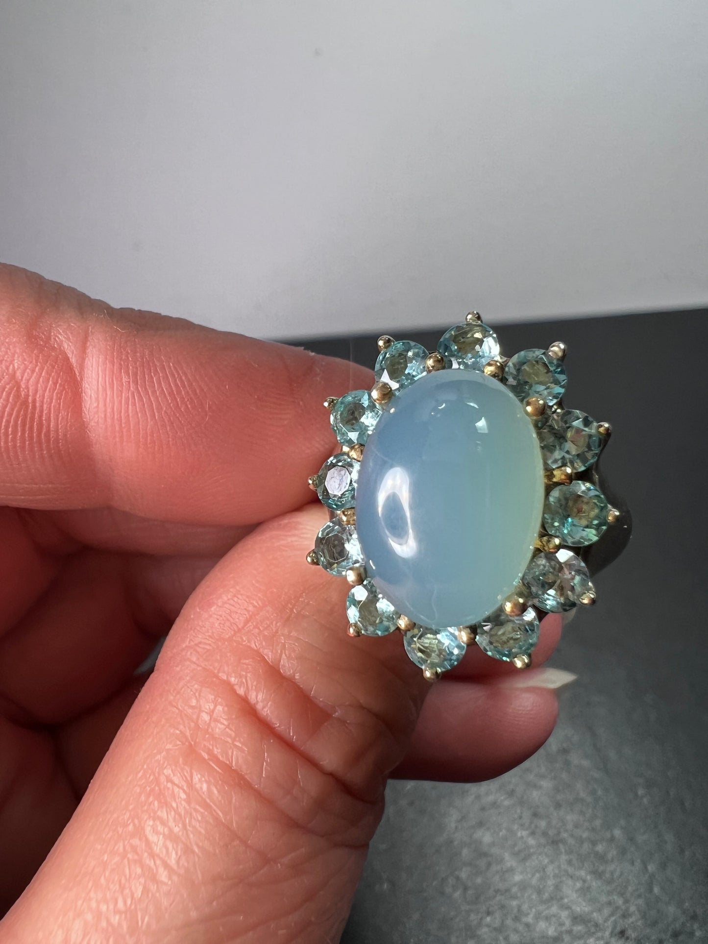 Blue chalcedony and apatite sterling ring size 10