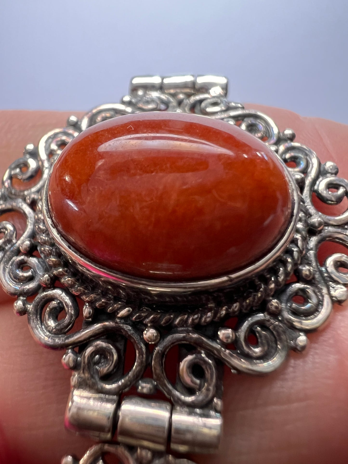 Red orange jade ornate sterling silver toggle bracelet