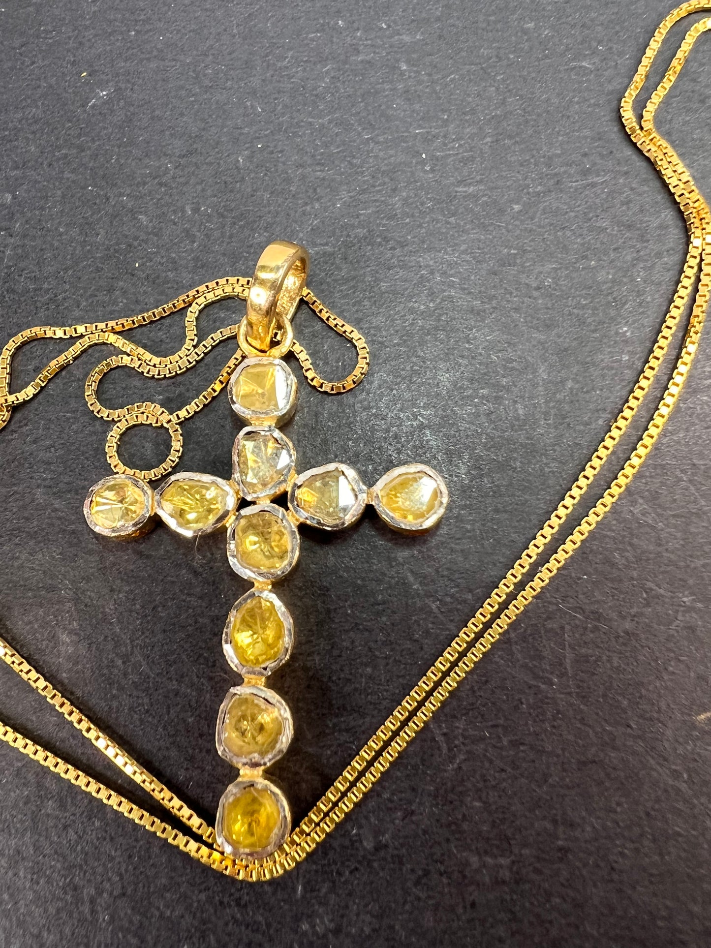 Yellow polki diamond cross pendant and chain in gold over sterling silver