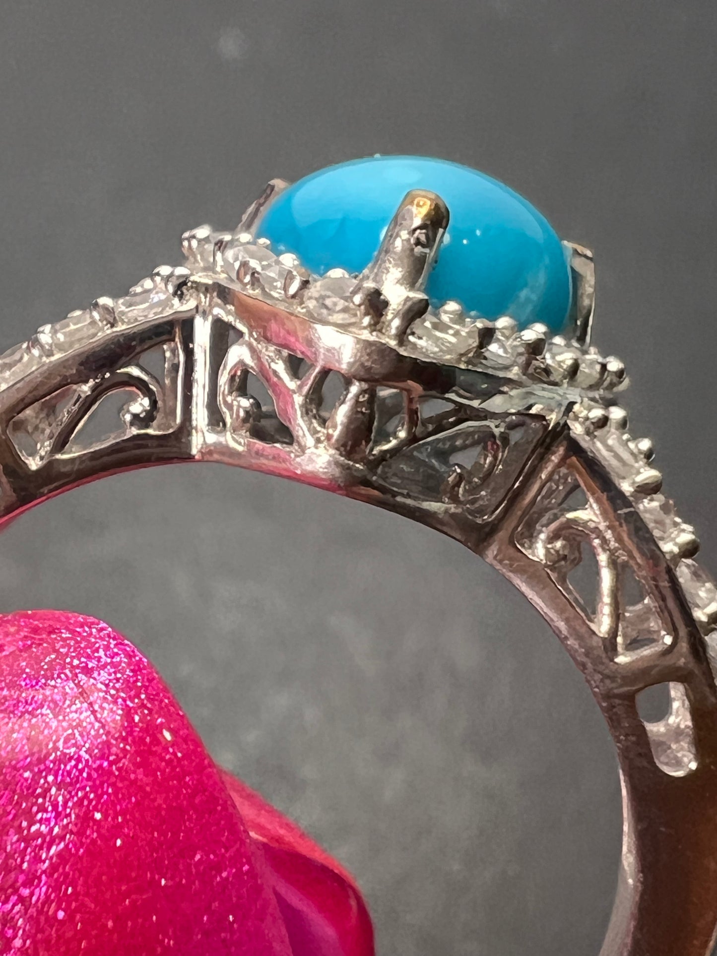 American sleeping beauty turquoise and zircon ring in platinum over sterling silver 2.60 ctw size 8