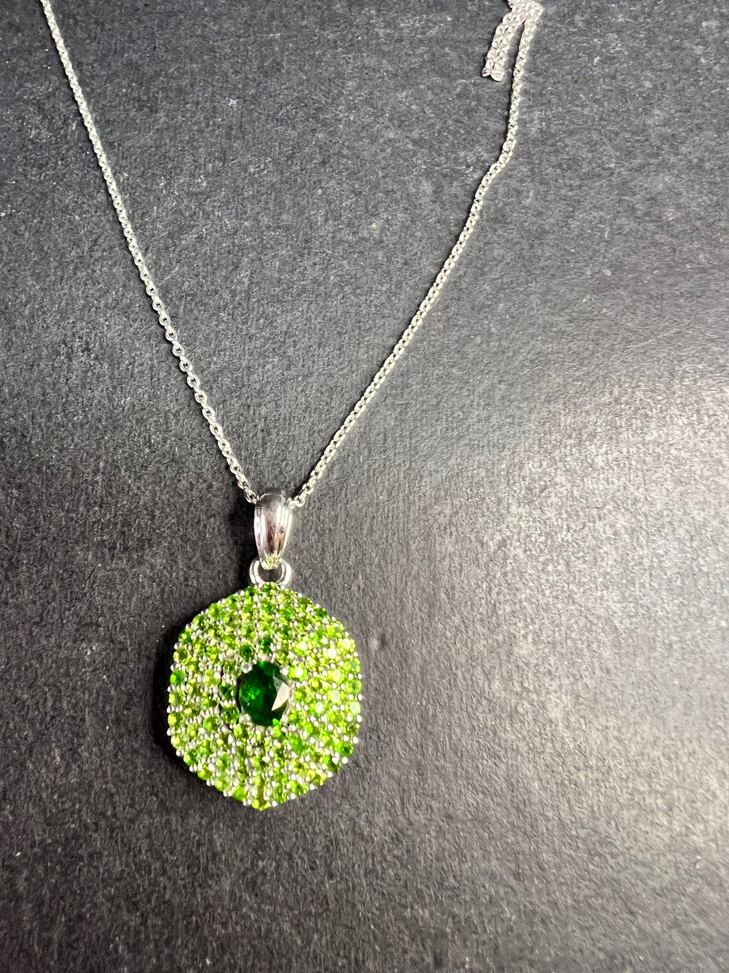 Chrome Diopside Sterling Silver Halo Pendant Necklace 18-20”