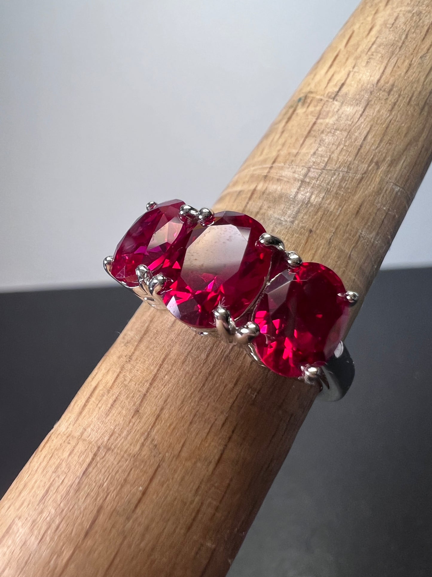 Lab created ruby and silver triple stone ring size 8