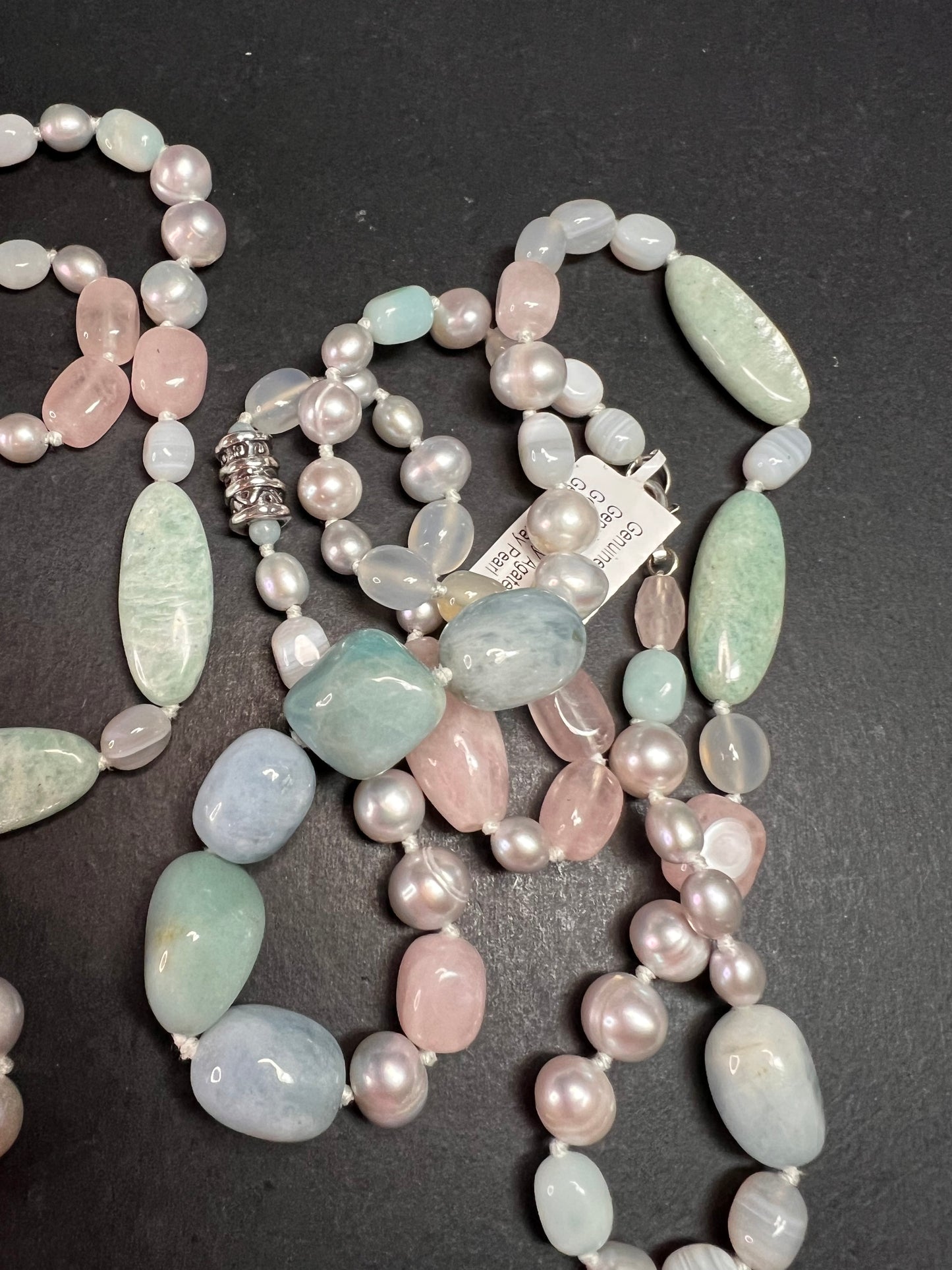NEW amazonite , pearl multi stone sterling silver 30 inch necklace