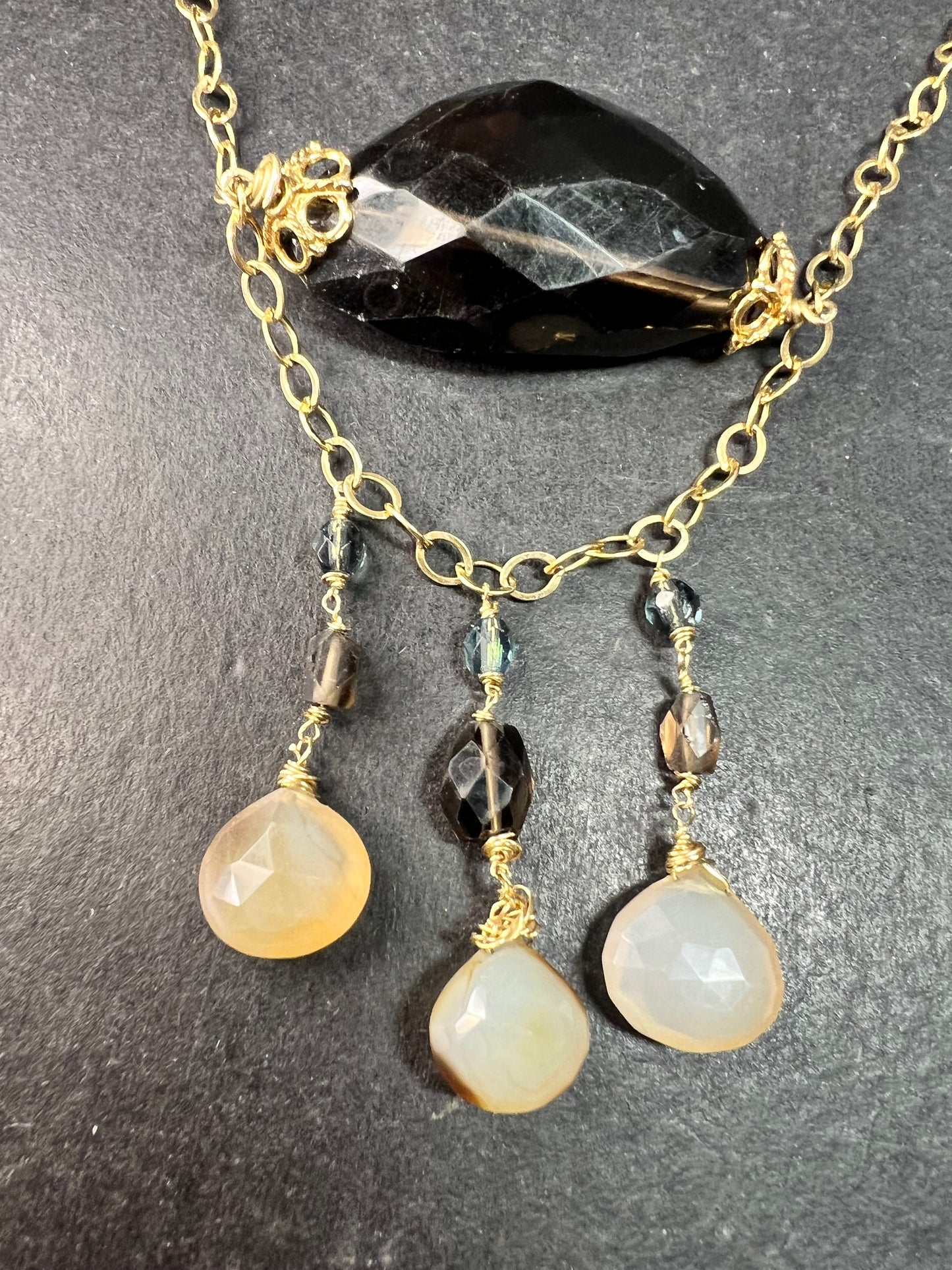 Gold Filled Smoky Quartz & Faceted Agate Drop Necklace 16–18”