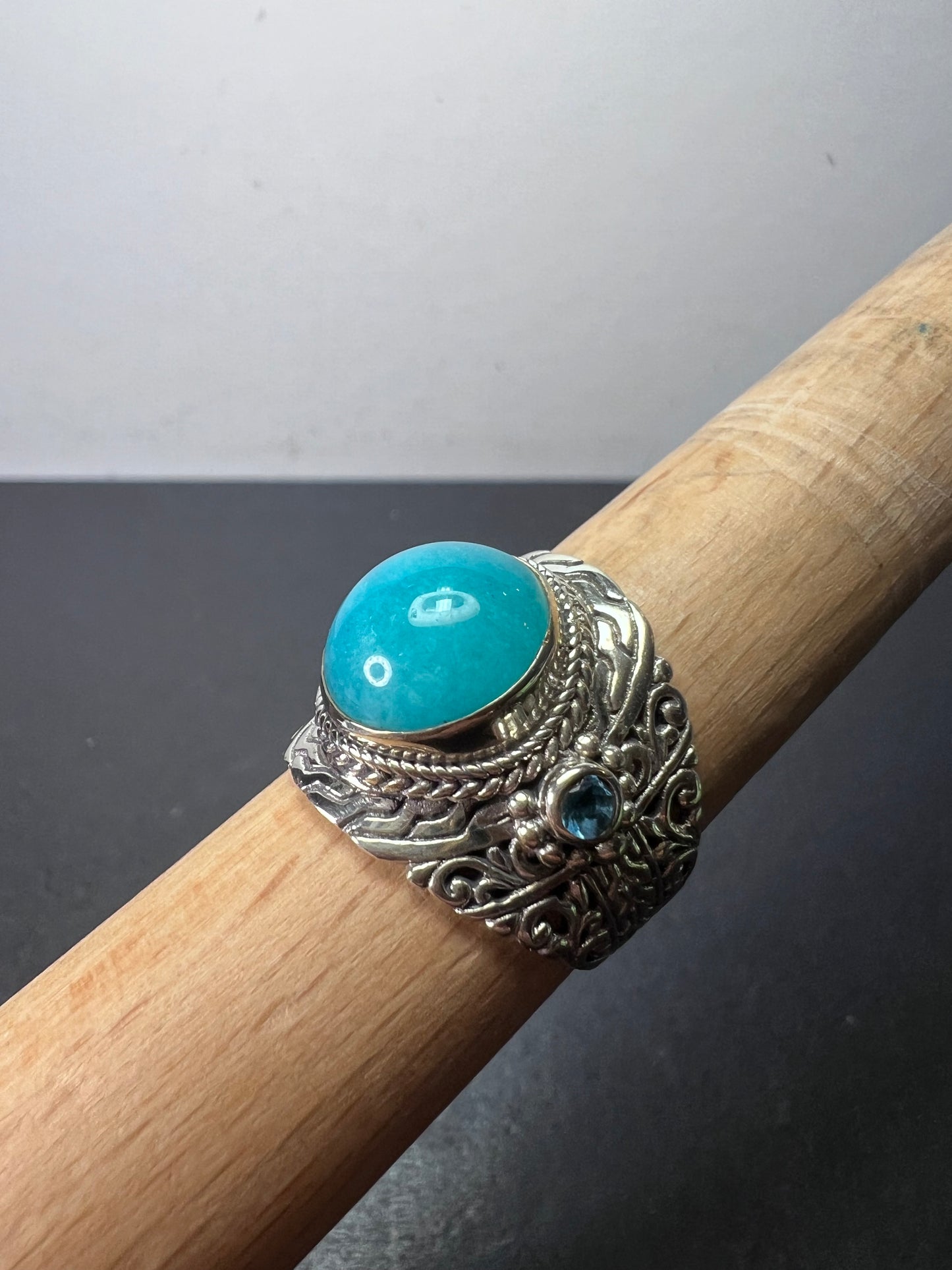 Sarda Peruvian amazonite and London blue topaz sterling silver statement ring size 9