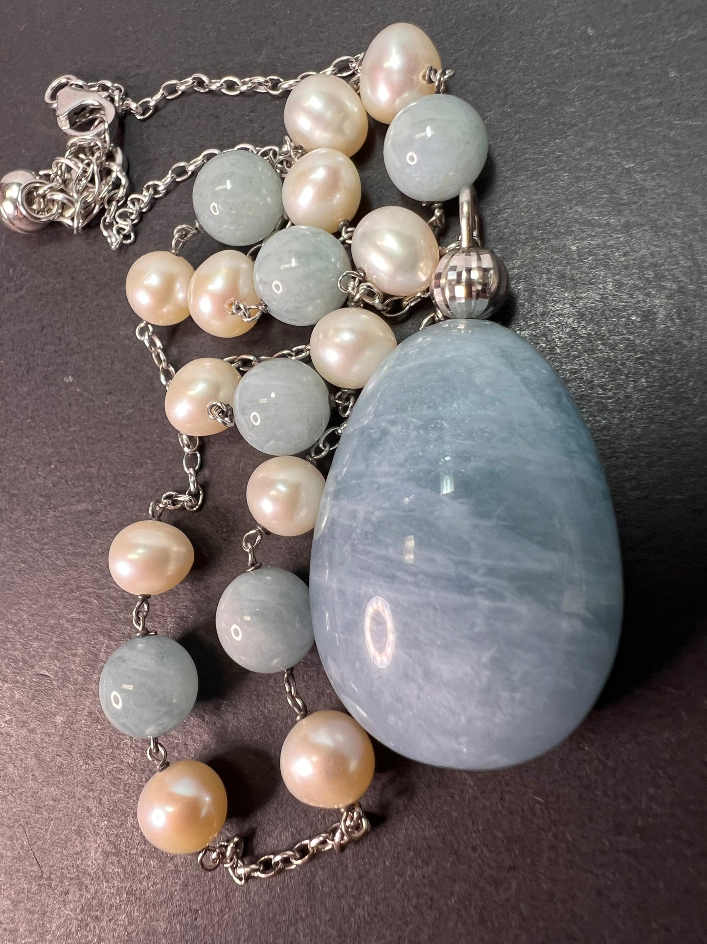 Aquamarine and pearl sterling silver station necklace