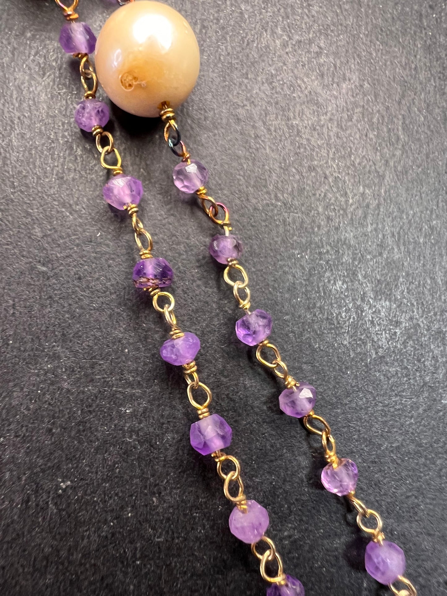 Amethyst and pearl 30 inch station necklace in sterling silver