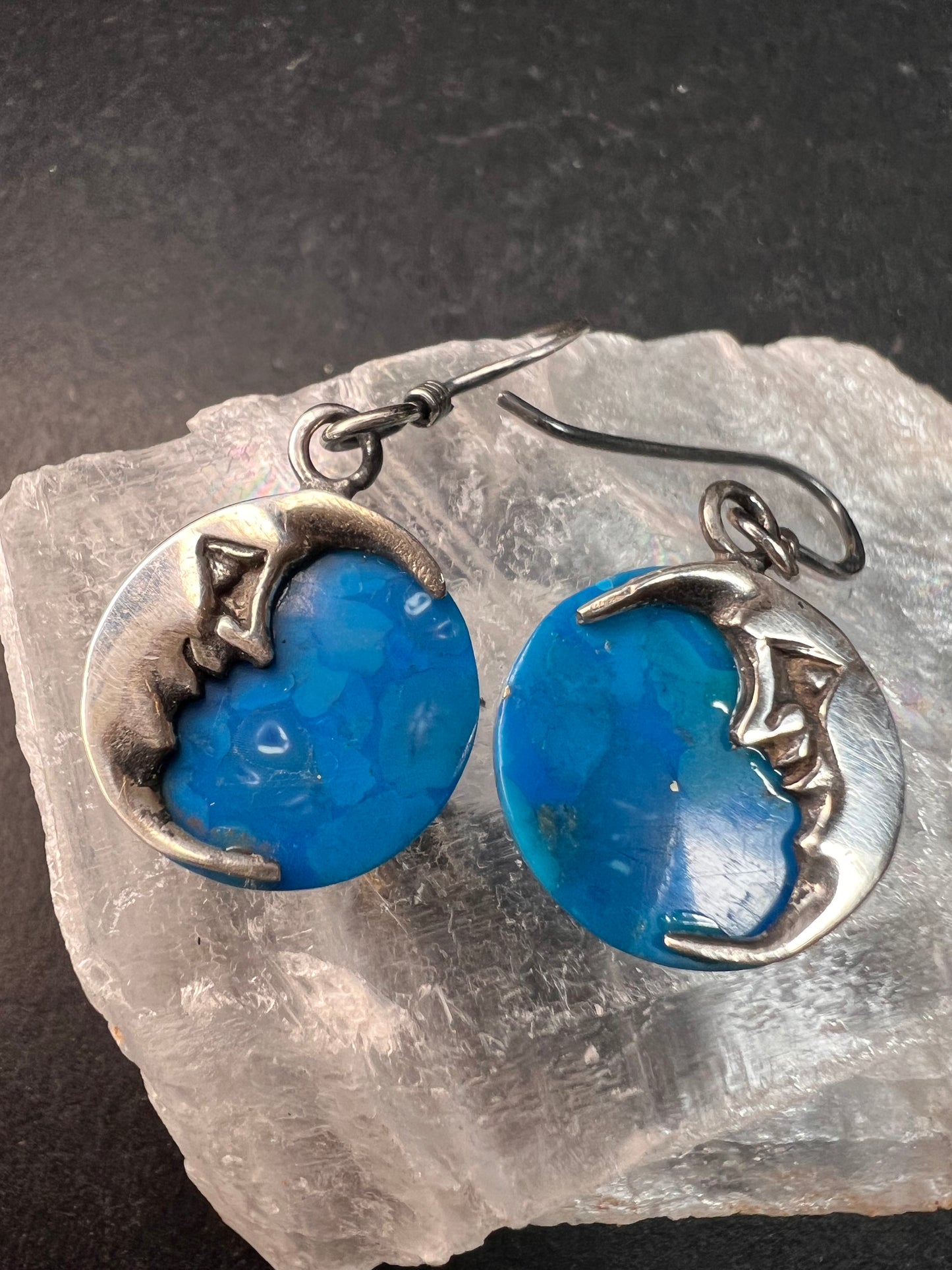 Vintage Sterling Silver Crescent Moon Blue Stone Dangle Earrings