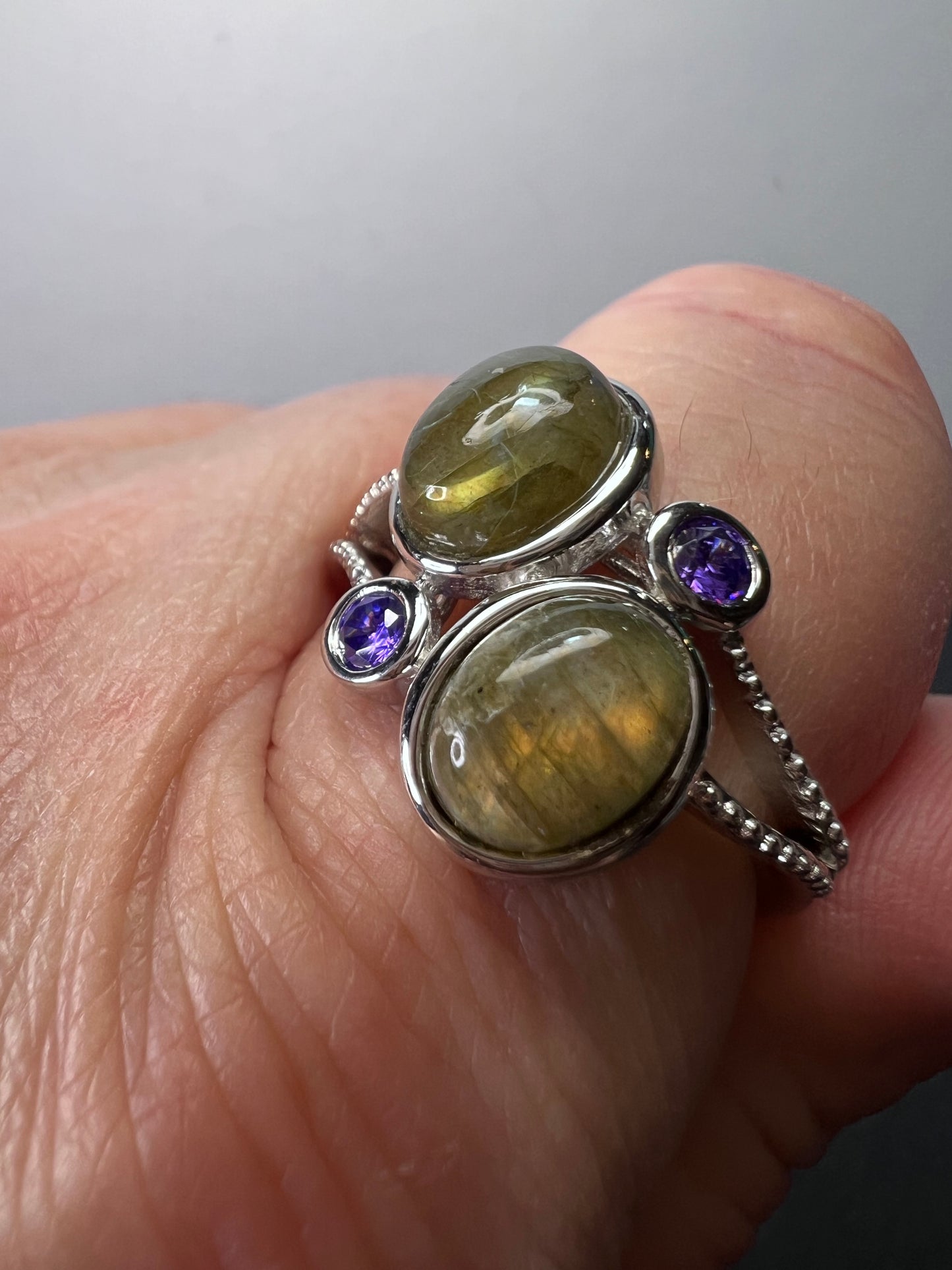 Labradorite and purple CZ sterling silver ring size 9