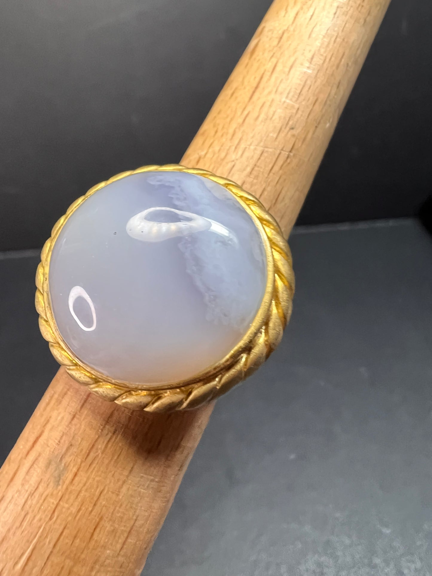 Glow By Sheila Fajl Signed Blue Agate Ring brushed 18kt Plated size 7