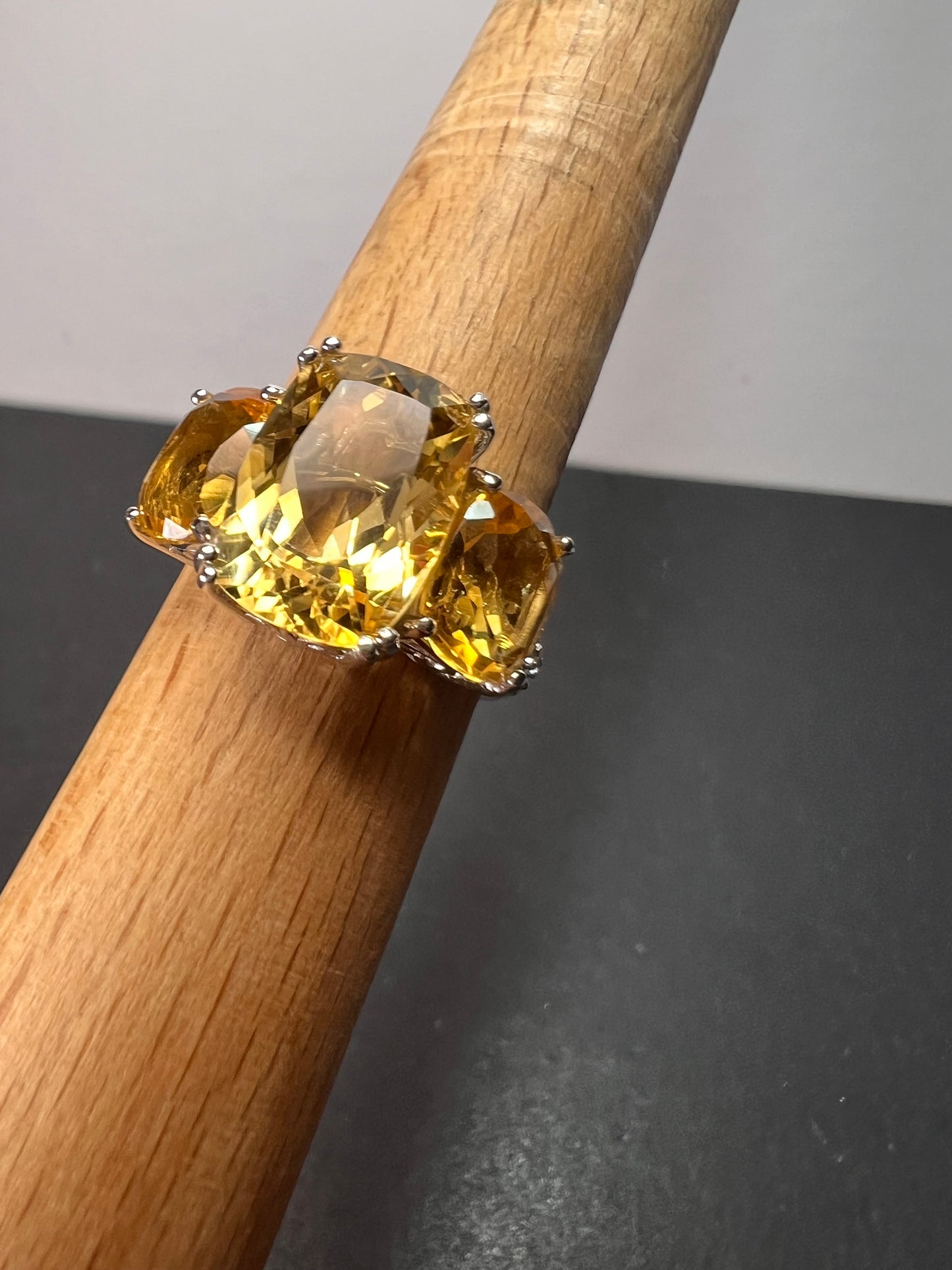 Brand new Brazilian citrine and white zircon 10.20 trilogy ring in platinum over sterling silver size 9