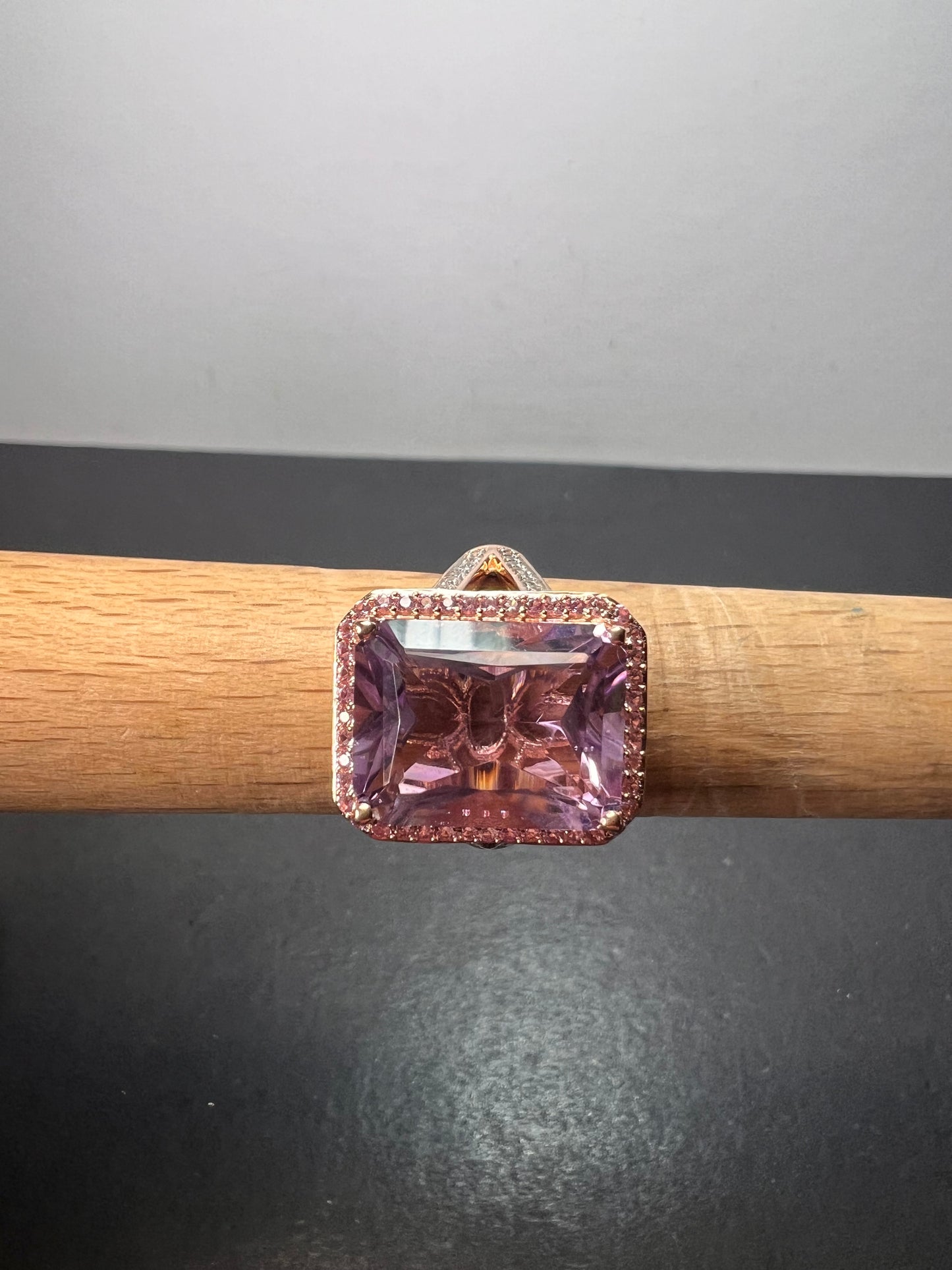 Radiant cut rose de France amethyst and pink sapphire halo ring in rose gold vermeil over sterling silver size 8 *NEW*