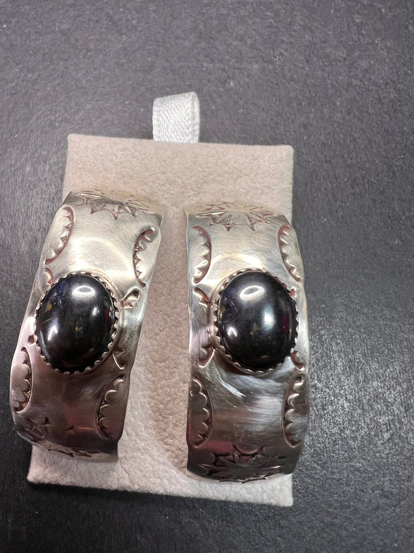 Vintage Sterling Silver Hematite Wide Band Post Earrings Southwestern Handmade