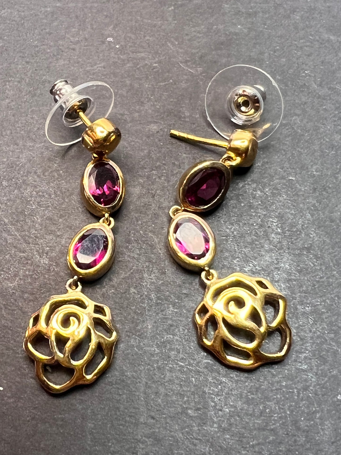 Grape rhodolite garnet dangle earrings in gold over sterling silver