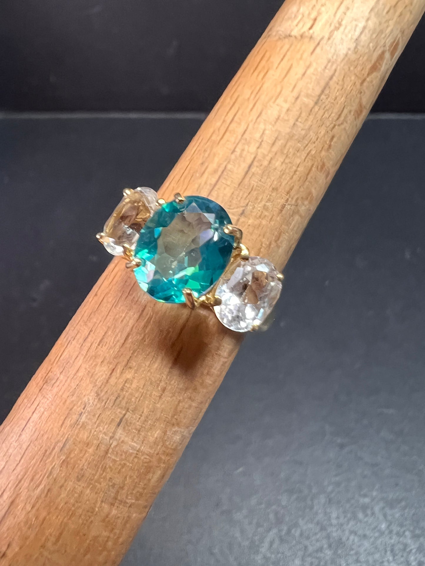 Vintage 10K Yellow Gold Blue Topaz & White Topaz Three-Stone Ring – Size 7
