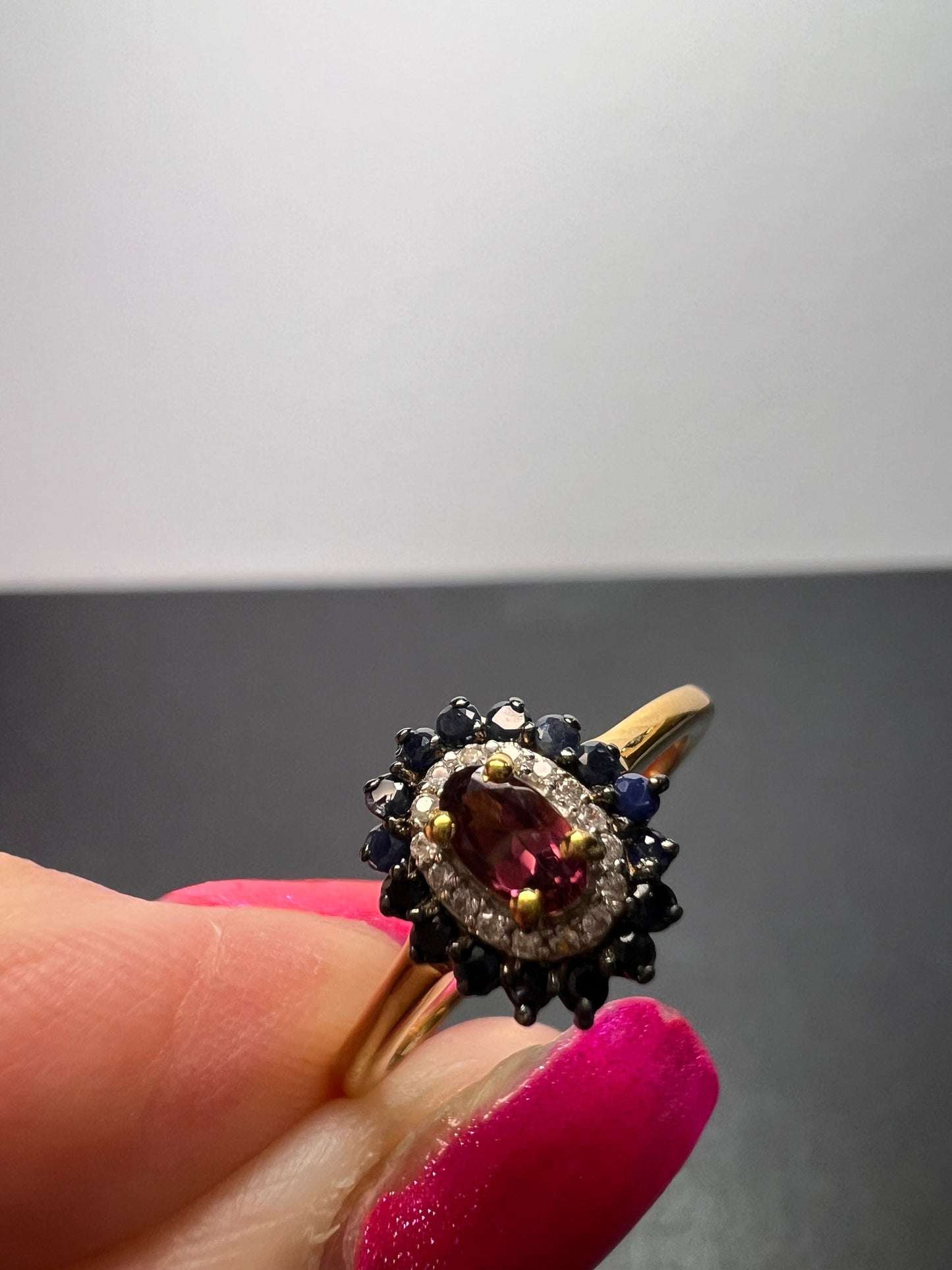 Ofiki rubellite and blue sapphire double halo ring in vermeil yellow gold over sterling silver size 8