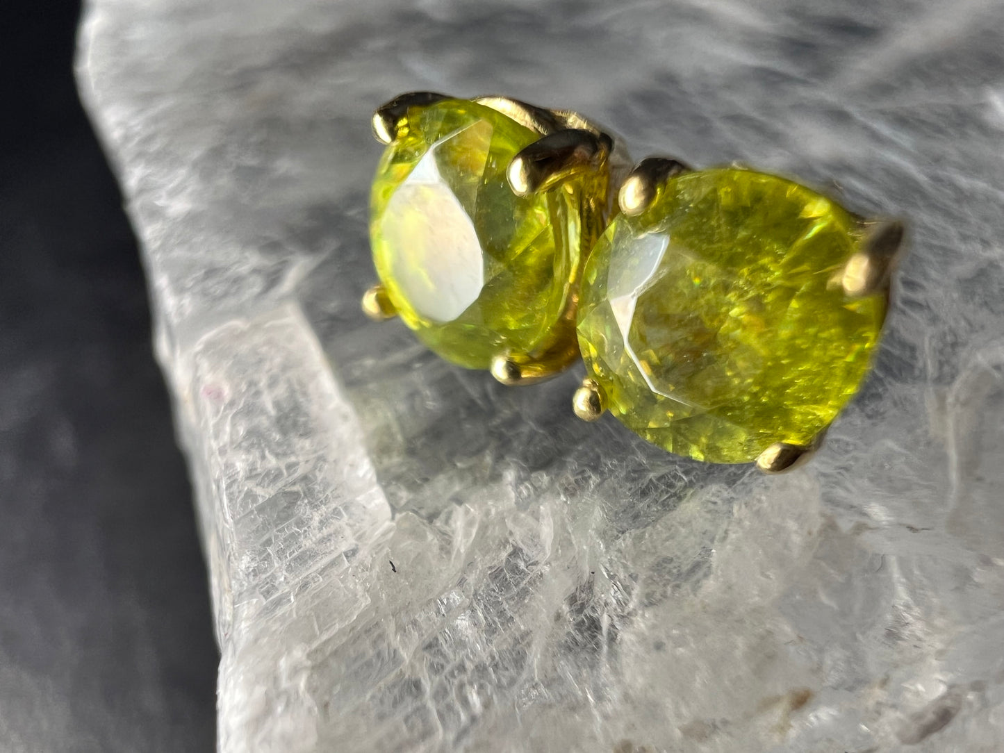 Rare Sphene Titanite Stud Earrings in 14k Yellow Gold