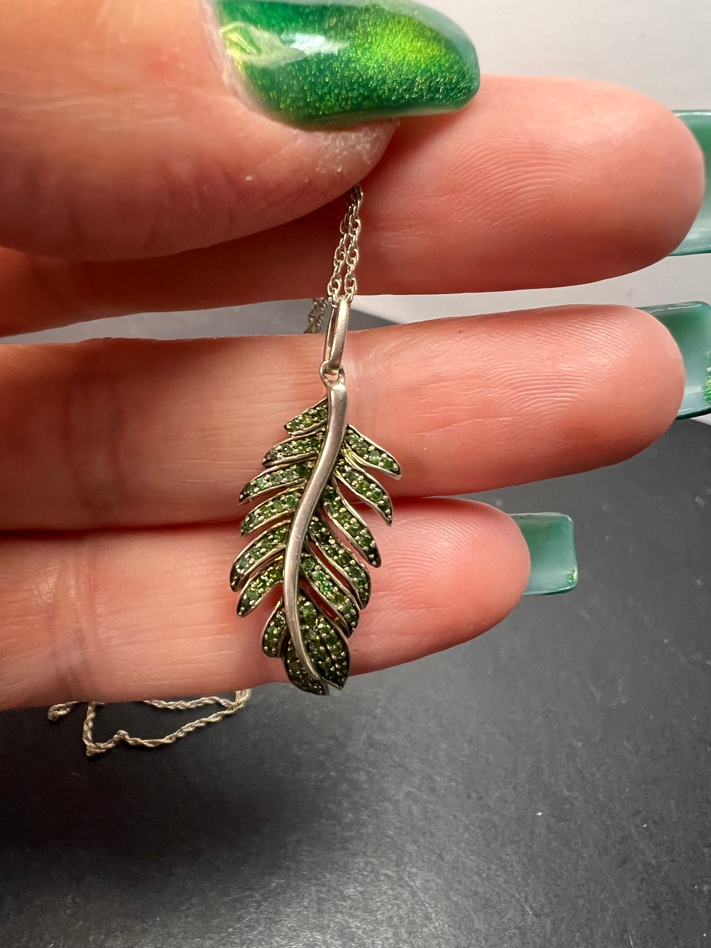 Natural green diamonds feather pendant and chain necklace in white gold over sterling silver