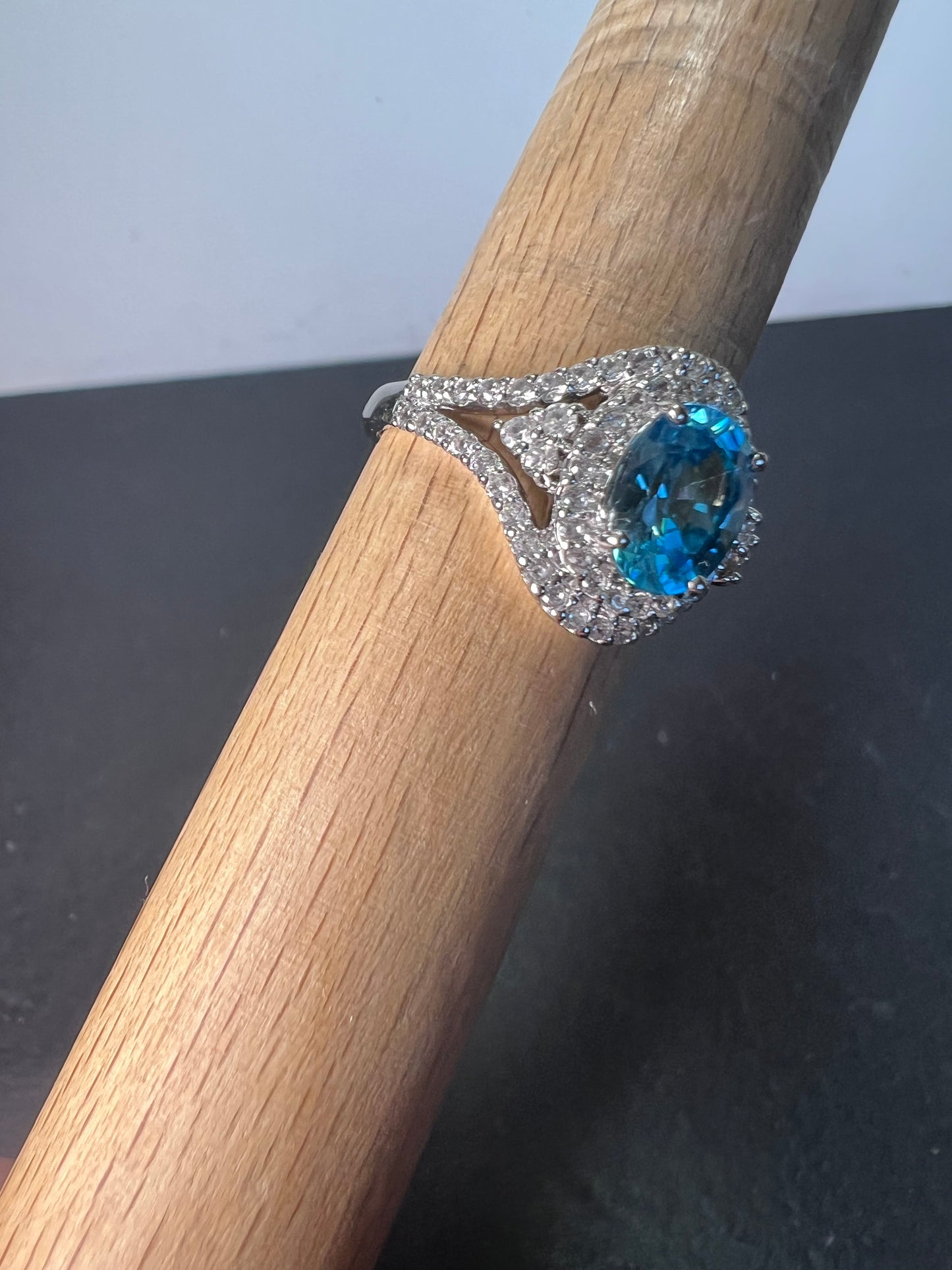 10k white gold blue topaz and white zircon double halo ring size 9